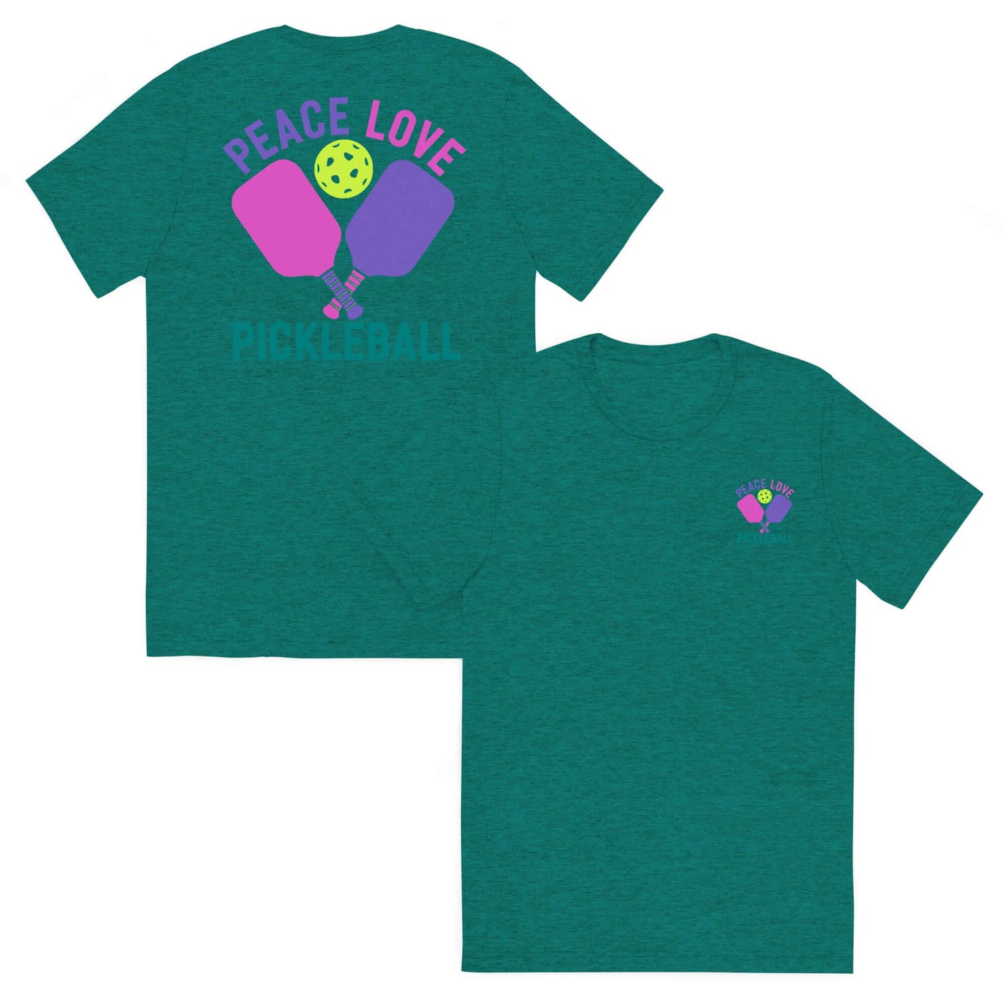 Women's Peace, Love, Pickleball Short Sleeve T-Shirt in teal with graphic of paddles and ball.