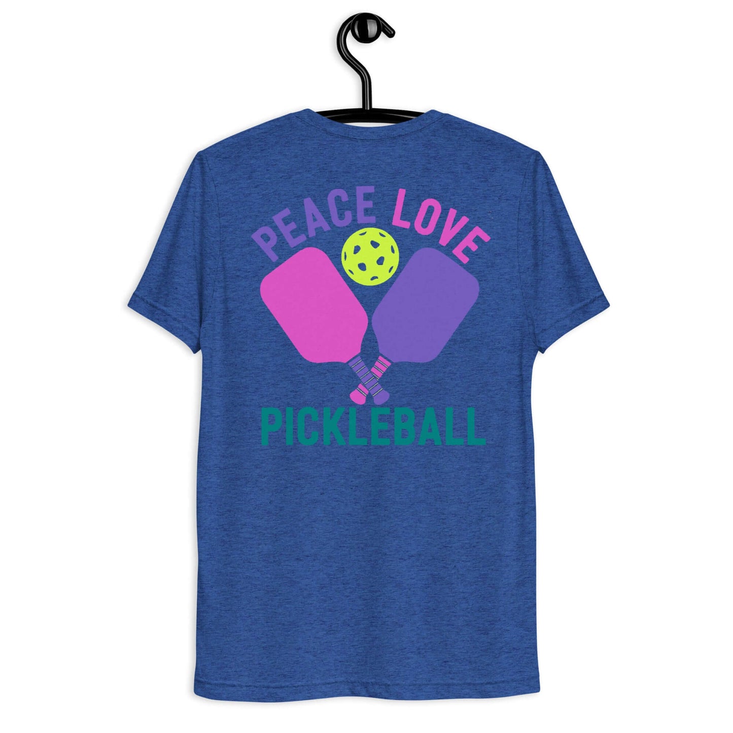 Women’s short sleeve t-shirt featuring 'Peace Love Pickleball' design with paddles and a ball.
