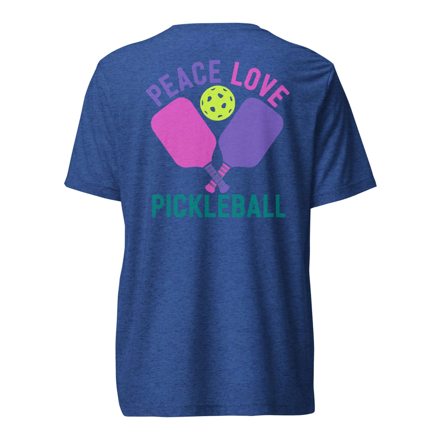 Back view of Women's Peace, Love, Pickleball Short Sleeve T-Shirt featuring paddles and pickleball graphic.