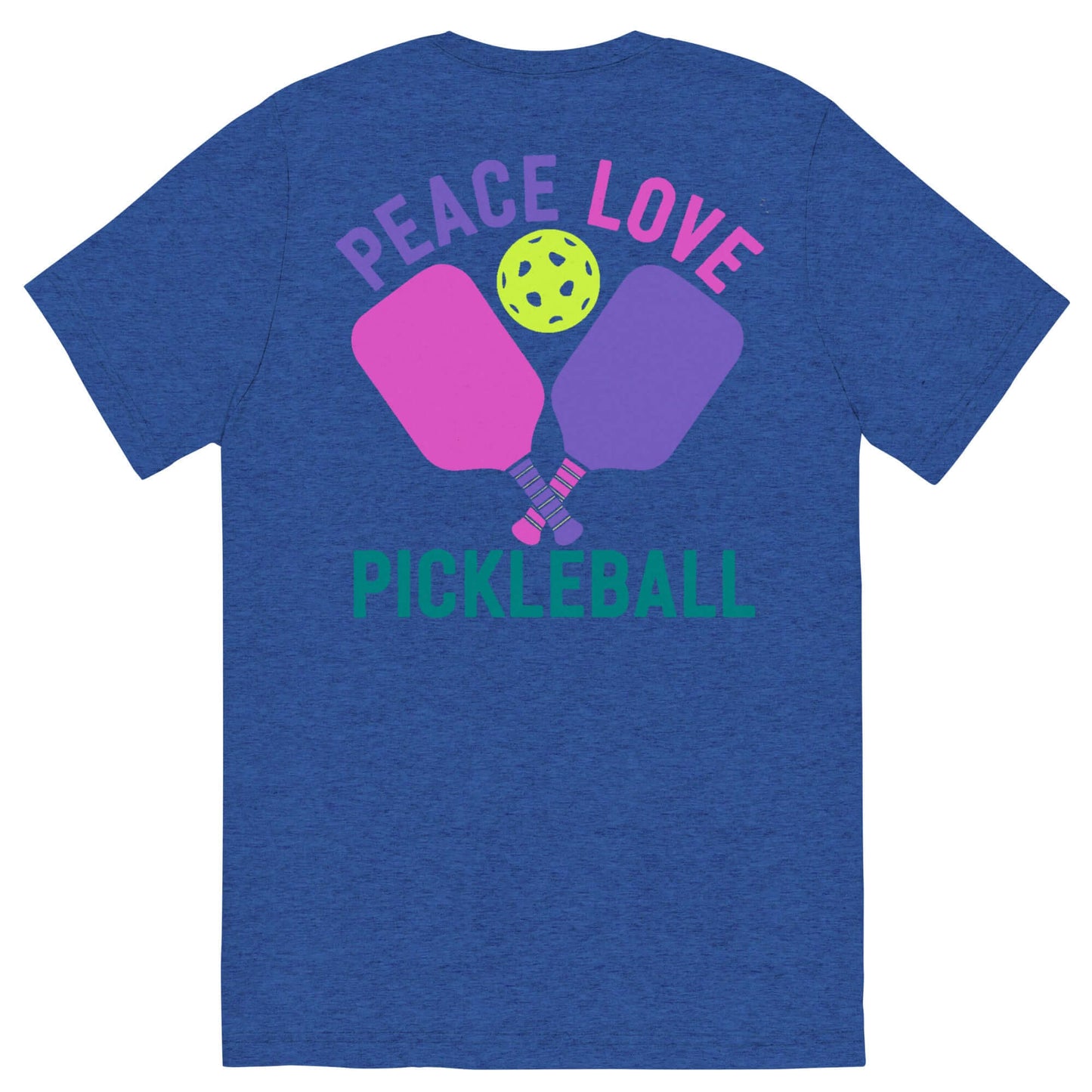 Women's Peace, Love, Pickleball Short Sleeve T-Shirt featuring colorful paddles and a pickleball graphic.