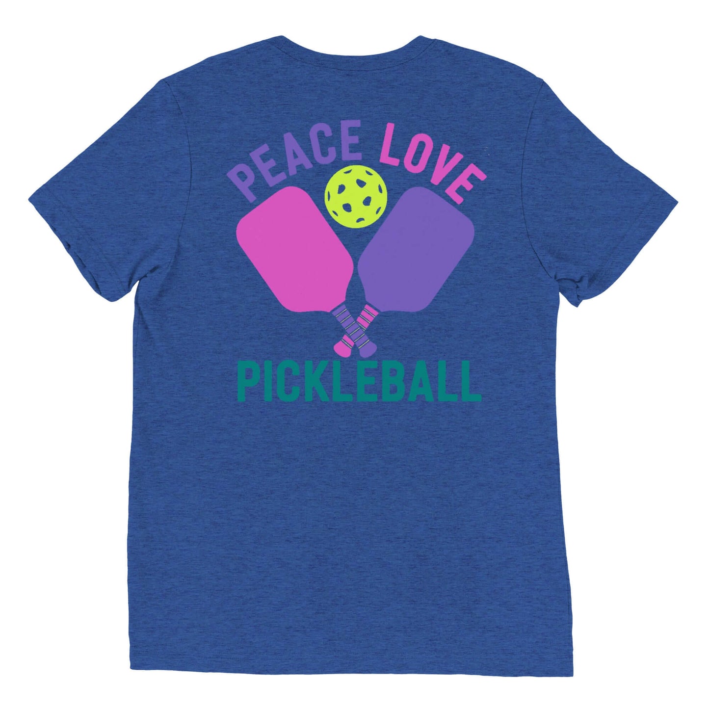 Back view of Women's Peace, Love, Pickleball T-Shirt with vibrant graphic design showcasing paddles and a ball.