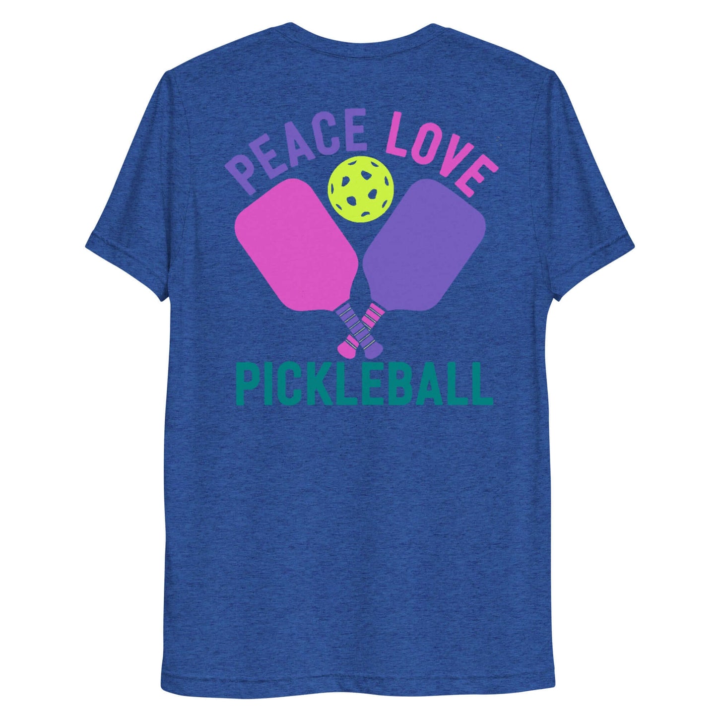 Back view of women's blue t-shirt featuring peace, love, and pickleball graphic with paddles and a ball.