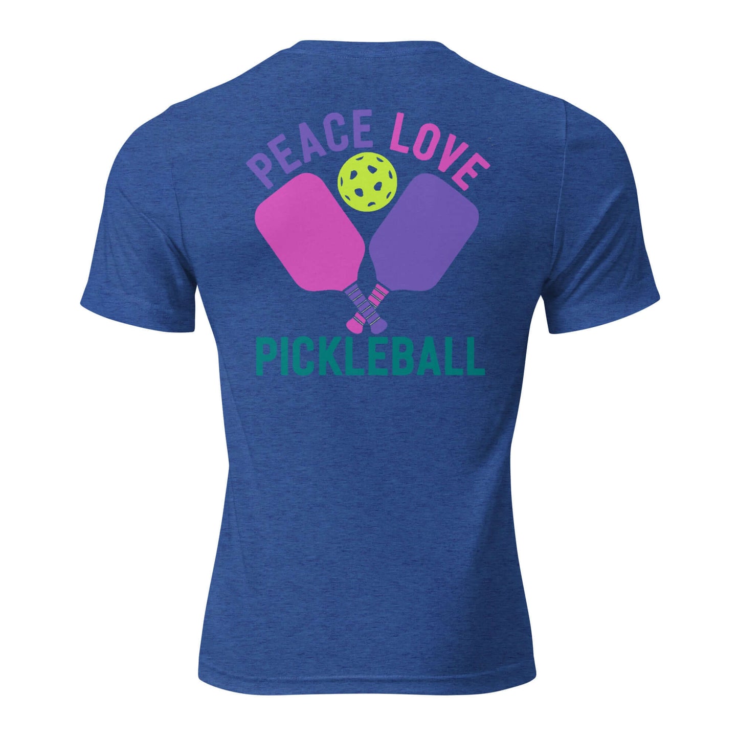 Back view of Women's Peace, Love, Pickleball T-shirt featuring paddles and pickleball graphic in vibrant colors.