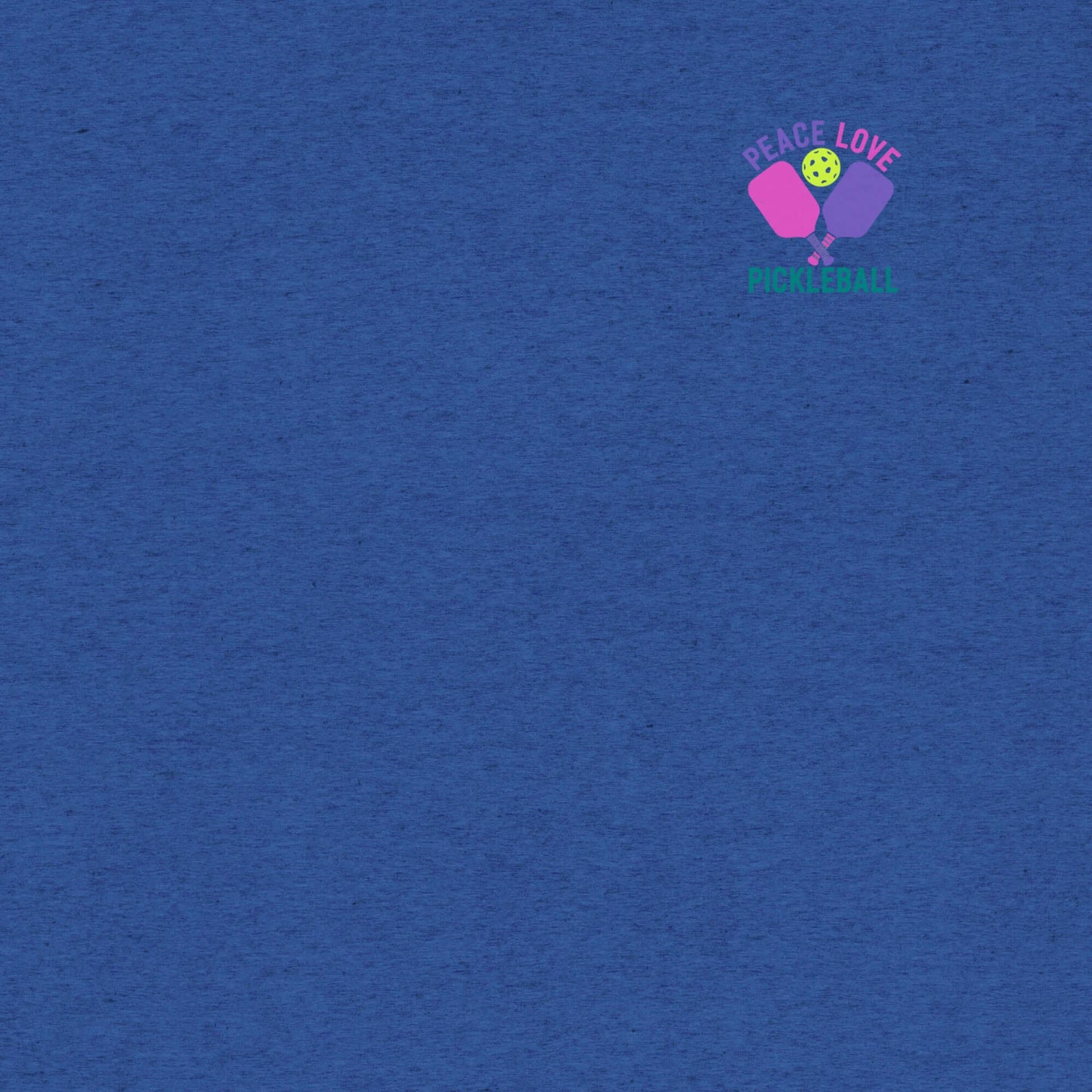 Blue short sleeve t-shirt featuring 'Peace Love Pickleball' graphic, perfect for pickleball enthusiasts.