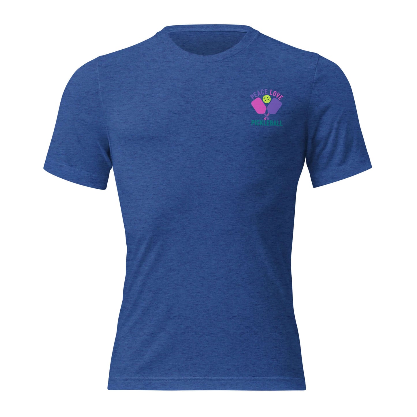 Blue women's short sleeve t-shirt featuring 'Peace, Love, Pickleball' graphic, perfect for casual wear and pickleball enthusiasts.