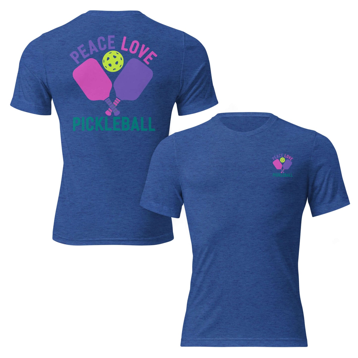 Women's Peace, Love, Pickleball Short Sleeve T-Shirt in blue with colorful pickleball graphics.