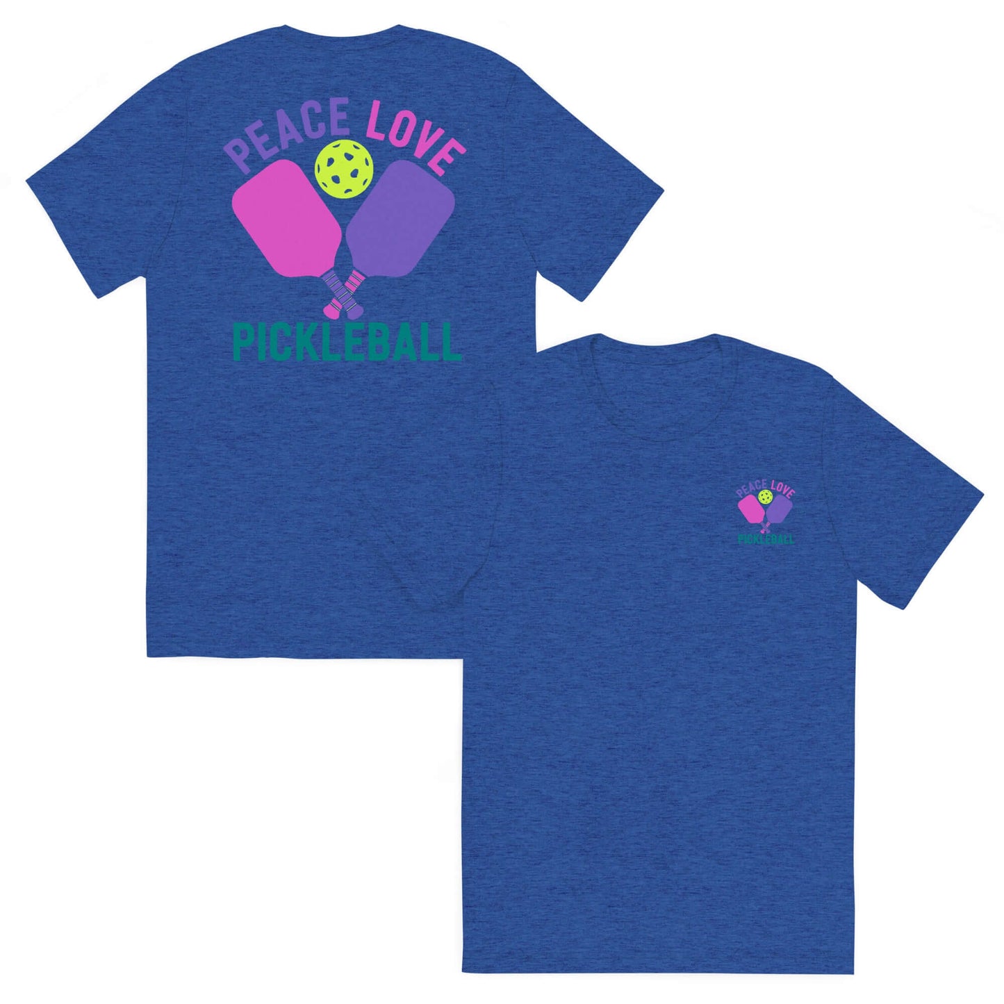 Women's blue short sleeve t-shirt featuring 'Peace Love Pickleball' graphic, perfect for sports and casual wear.