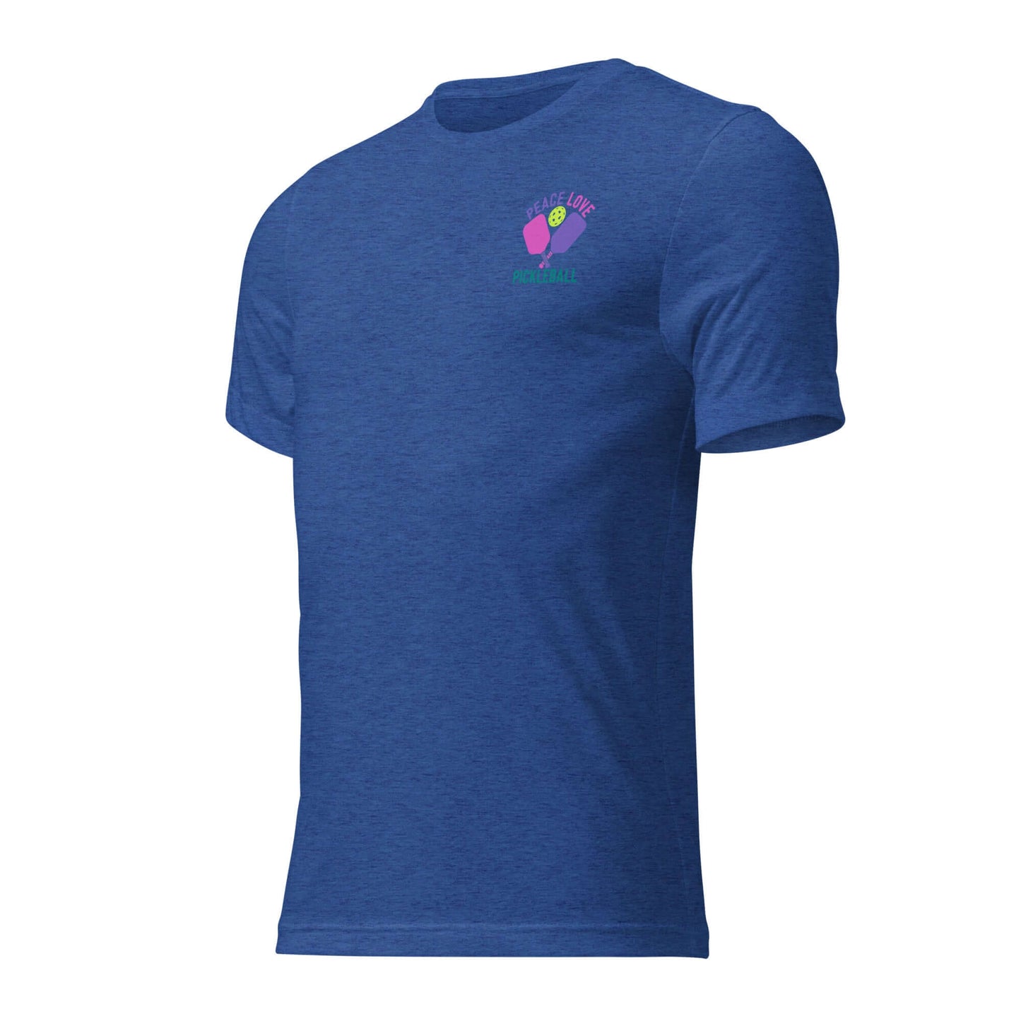 Blue short sleeve t-shirt with Peace, Love, Pickleball logo for women, perfect for casual wear and sports.