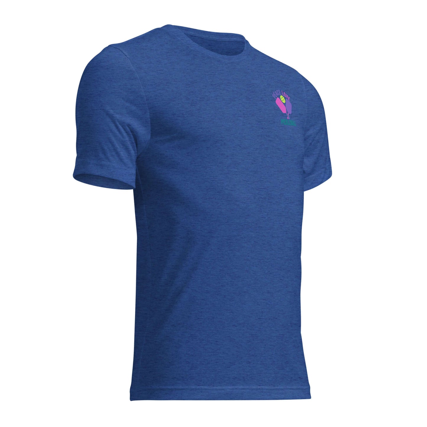 Blue women's short sleeve t-shirt featuring a peace and pickleball graphic, perfect for casual wear and matches.