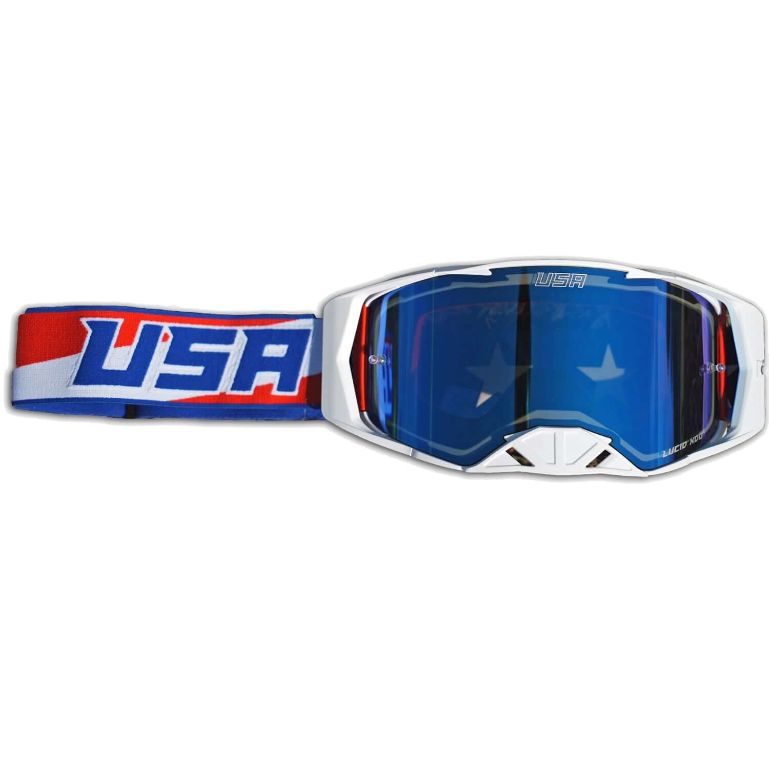 USA Merica Goggles with Oakley Dry Break lens featuring stars and stripes design, Lucid X Brand, perfect vision accessories.