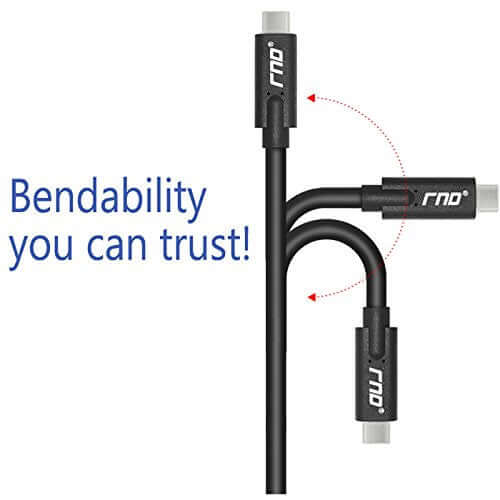 USB-C to USB-C cable with the text "Bendability you can trust" showing flexible design and durability.