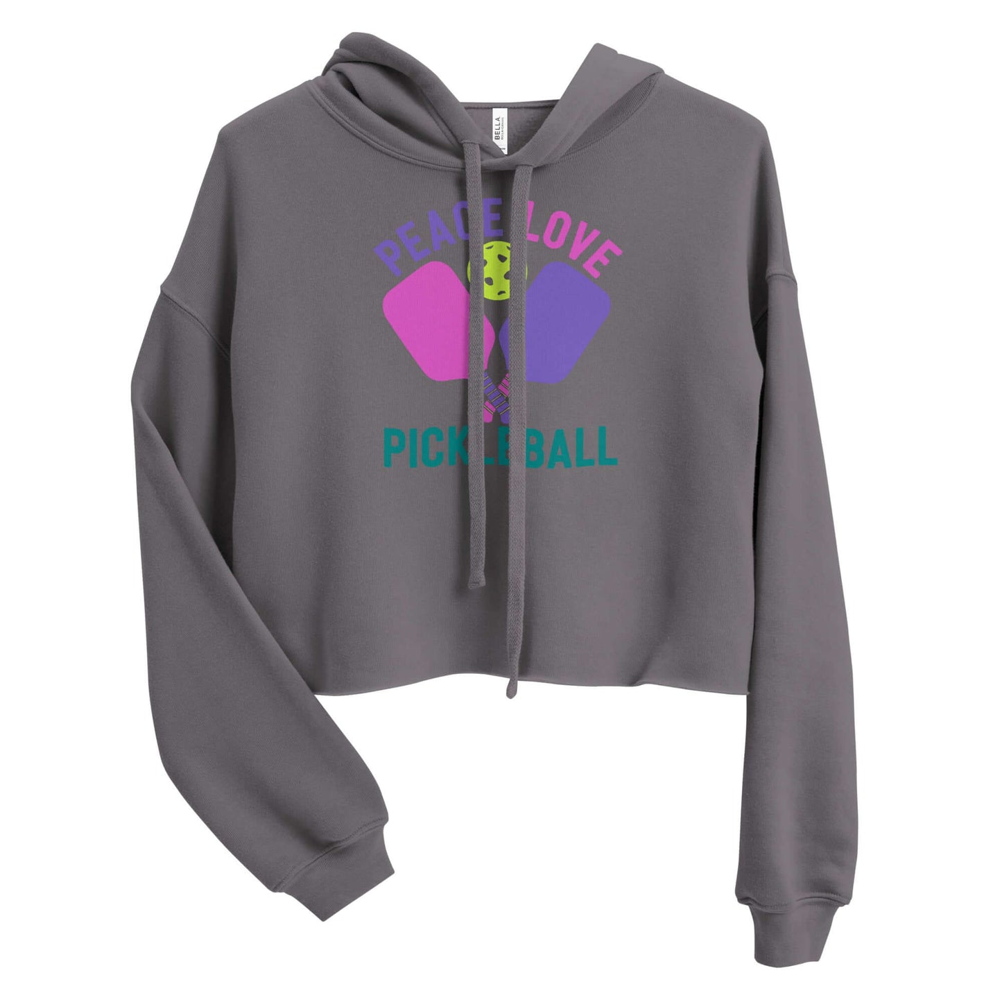 Women's cropped hoodie with 'Peace Love Pickleball' graphic in purple and green on gray fabric.