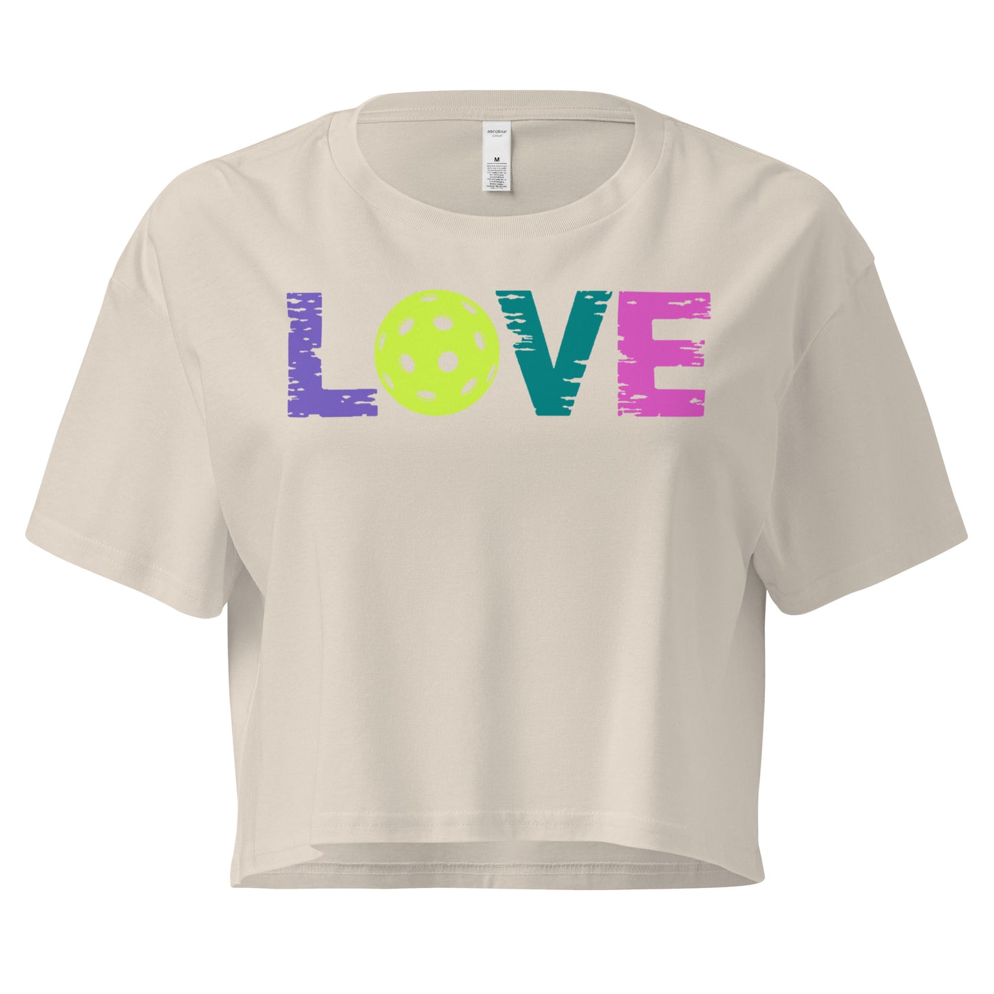 Women’s LOVE Pickleball Crop Top featuring colorful text and a playful pickleball design.