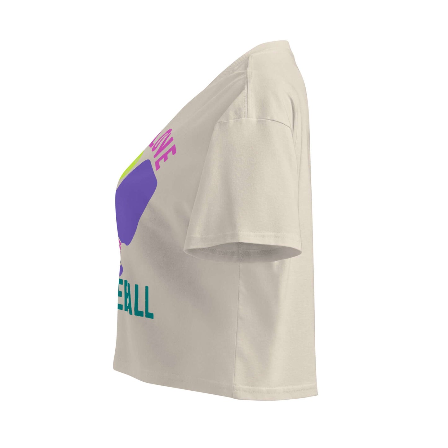 Side view of Women's Peace, Love, Pickleball Crop Top featuring vibrant design and comfortable fit.