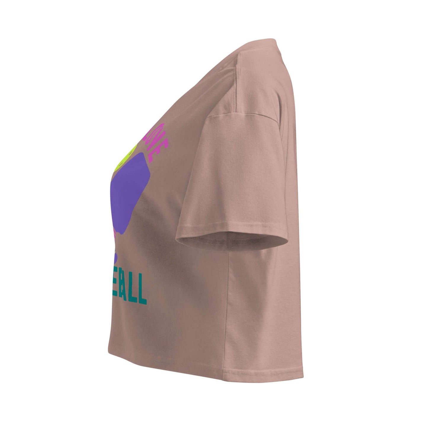 Side view of Women's Peace, Love, Pickleball Crop Top showcasing vibrant design and trendy style.