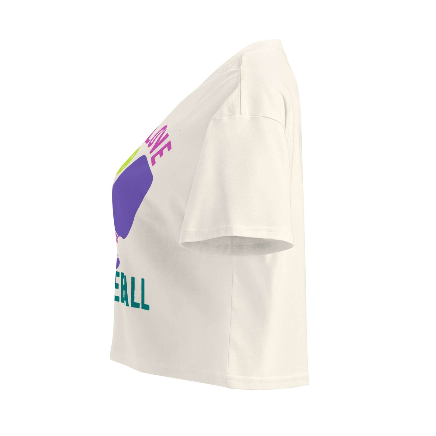 Side view of Women's Peace, Love, Pickleball crop top featuring vibrant graphic design in playful colors.