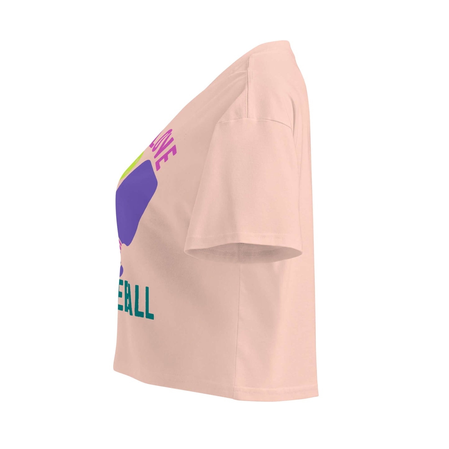 Side view of Women's Peace, Love, Pickleball Crop Top showcasing vibrant design and comfortable fit.
