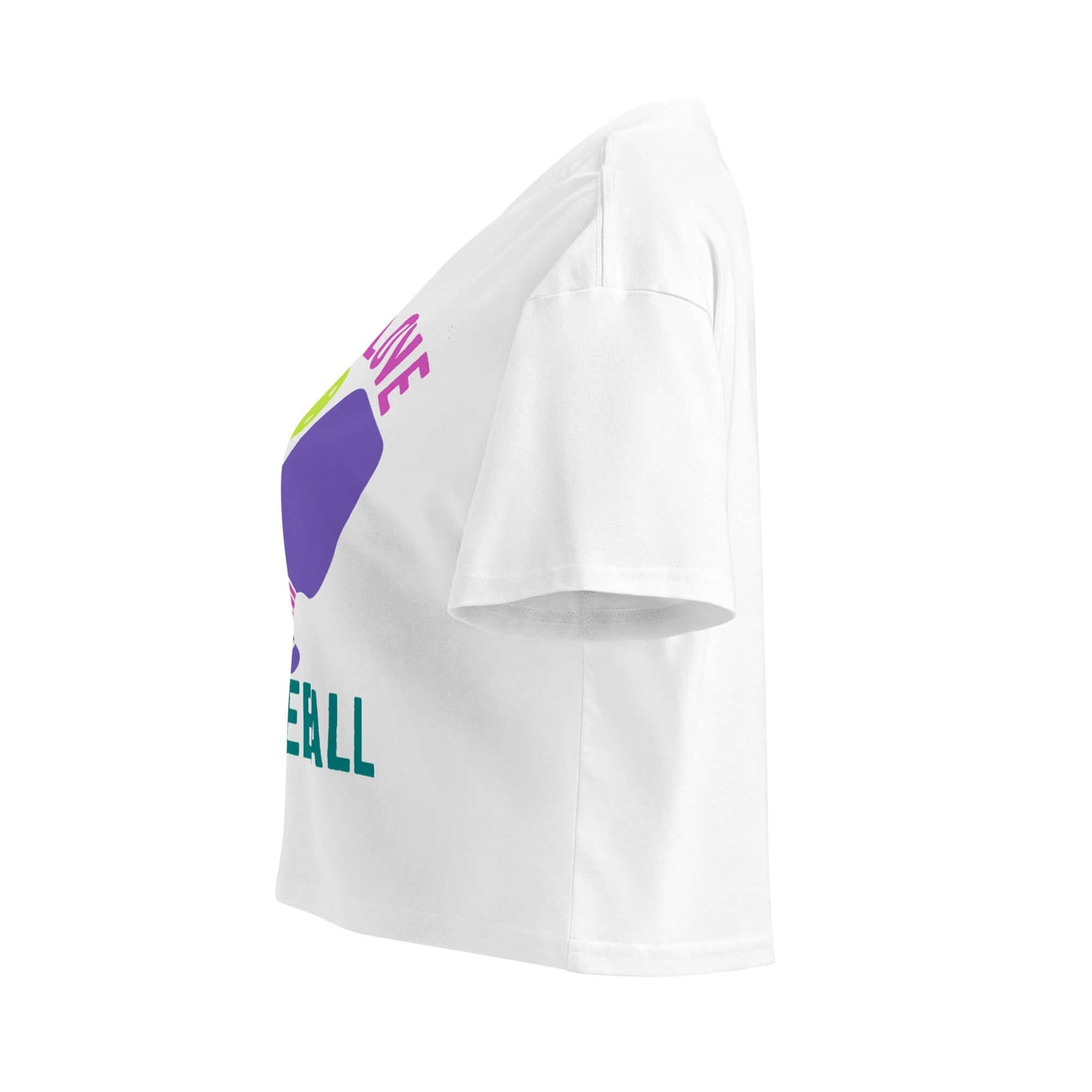 Side view of Women's Peace, Love, Pickleball Crop Top, featuring vibrant graphic design for stylish pickleball enthusiasts.