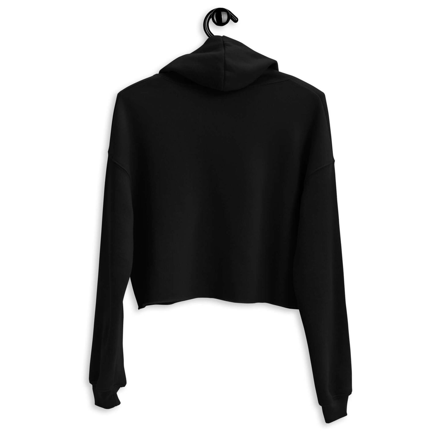 Back view of Women's Peace, Love, Pickleball Crop Hoodie in black, showcasing its trendy cropped design and hoodie details.