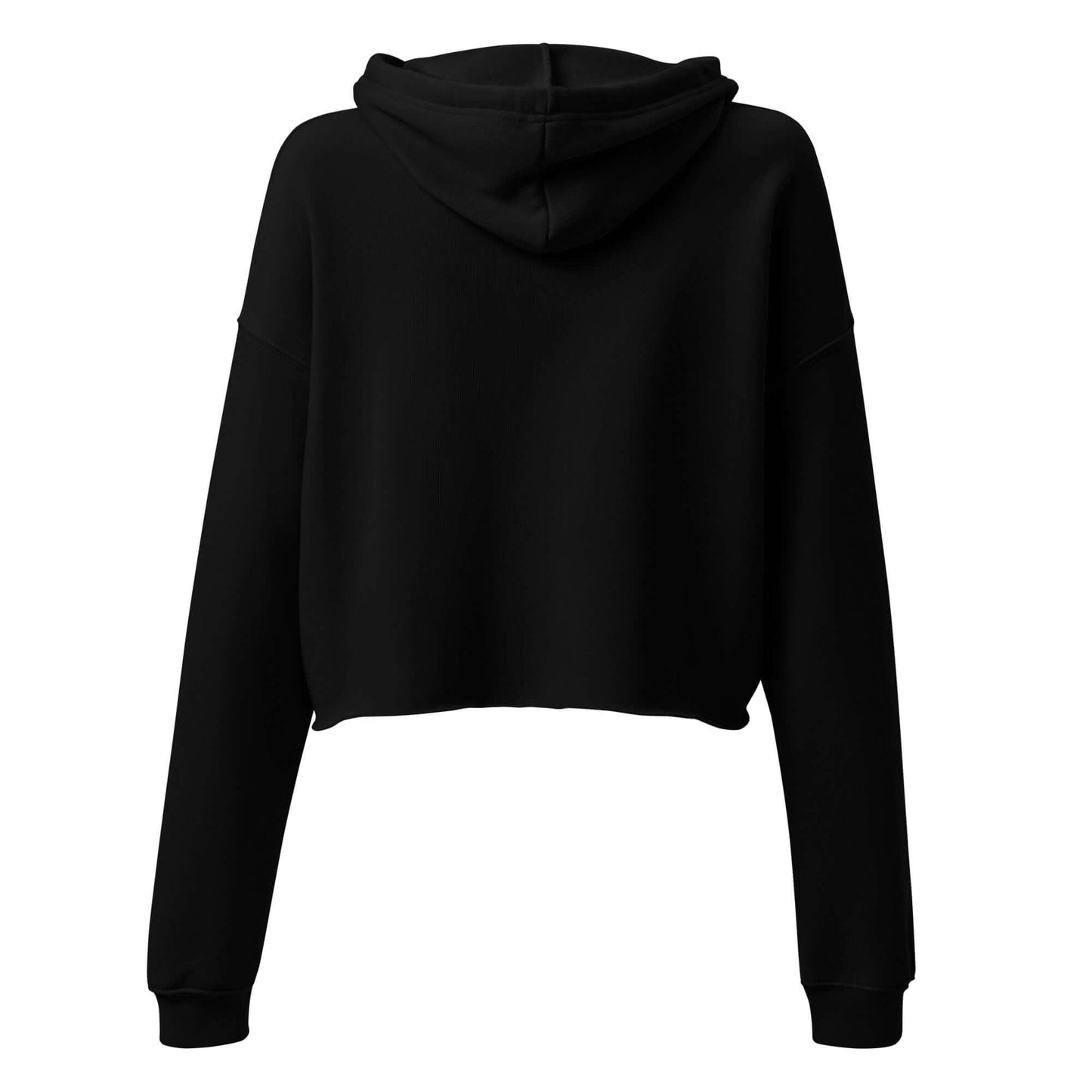 Back view of Women's Peace, Love, Pickleball Crop Hoodie in black with cropped cut and hood.