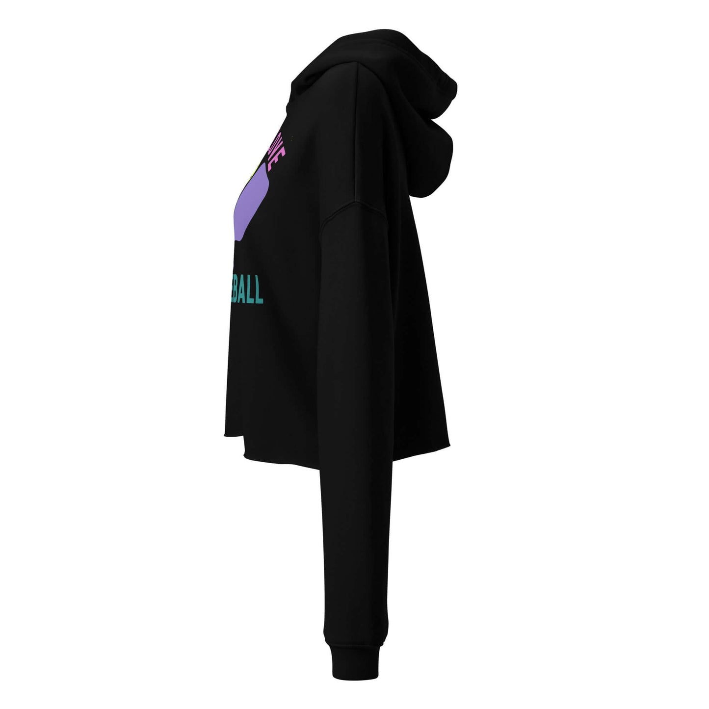 Side view of Women's Peace, Love, Pickleball Crop Hoodie in black with vibrant graphics and cropped fit.