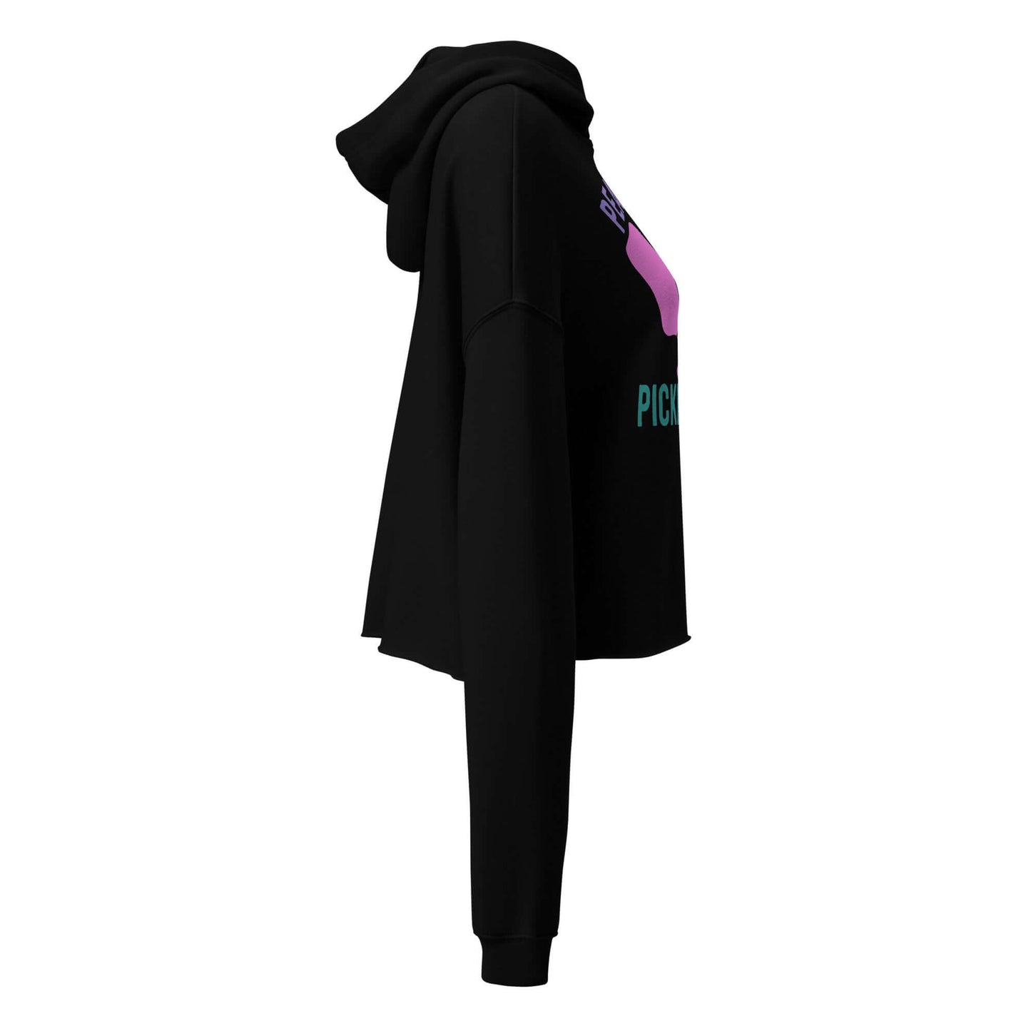 Side view of Women's Peace, Love, Pickleball Crop Hoodie showcasing its stylish cropped design and hoodie features.
