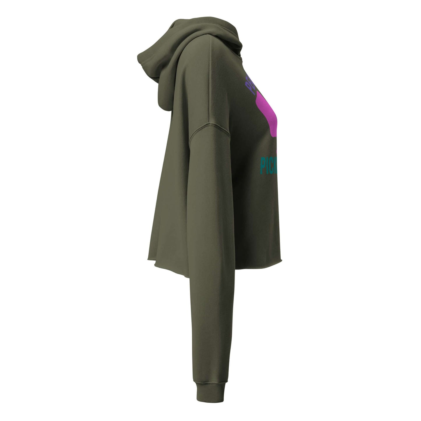 Side view of Women's Peace, Love, Pickleball Crop Hoodie in olive green featuring colorful graphics and cropped fit.