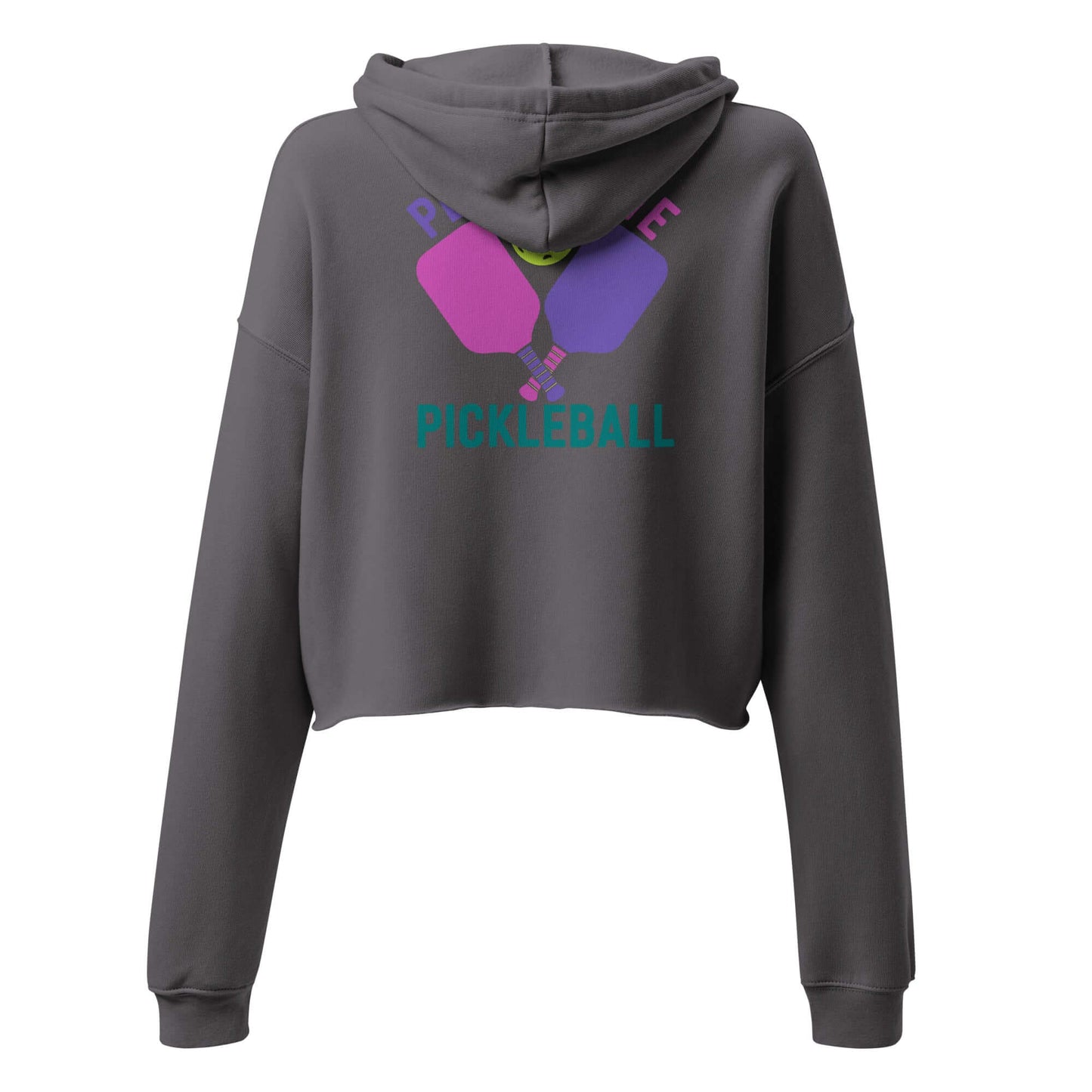 Women's Crop Hoodie with 'Peace Love Pickleball' Graphics, Grey, Perfect for Trendy Pickleball Players.
