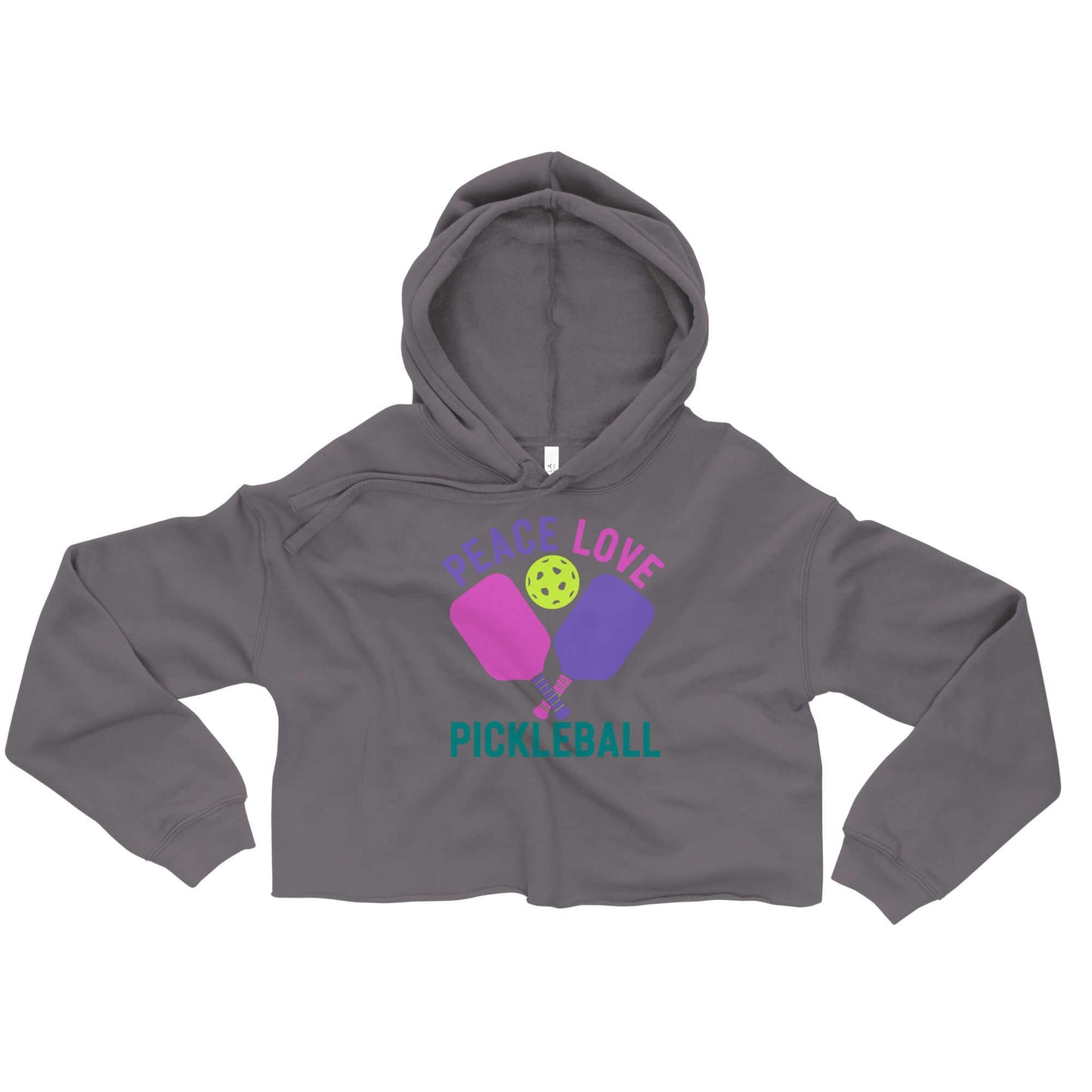 Women's crop hoodie with 'Peace Love Pickleball' graphic, stylish for on and off the court.