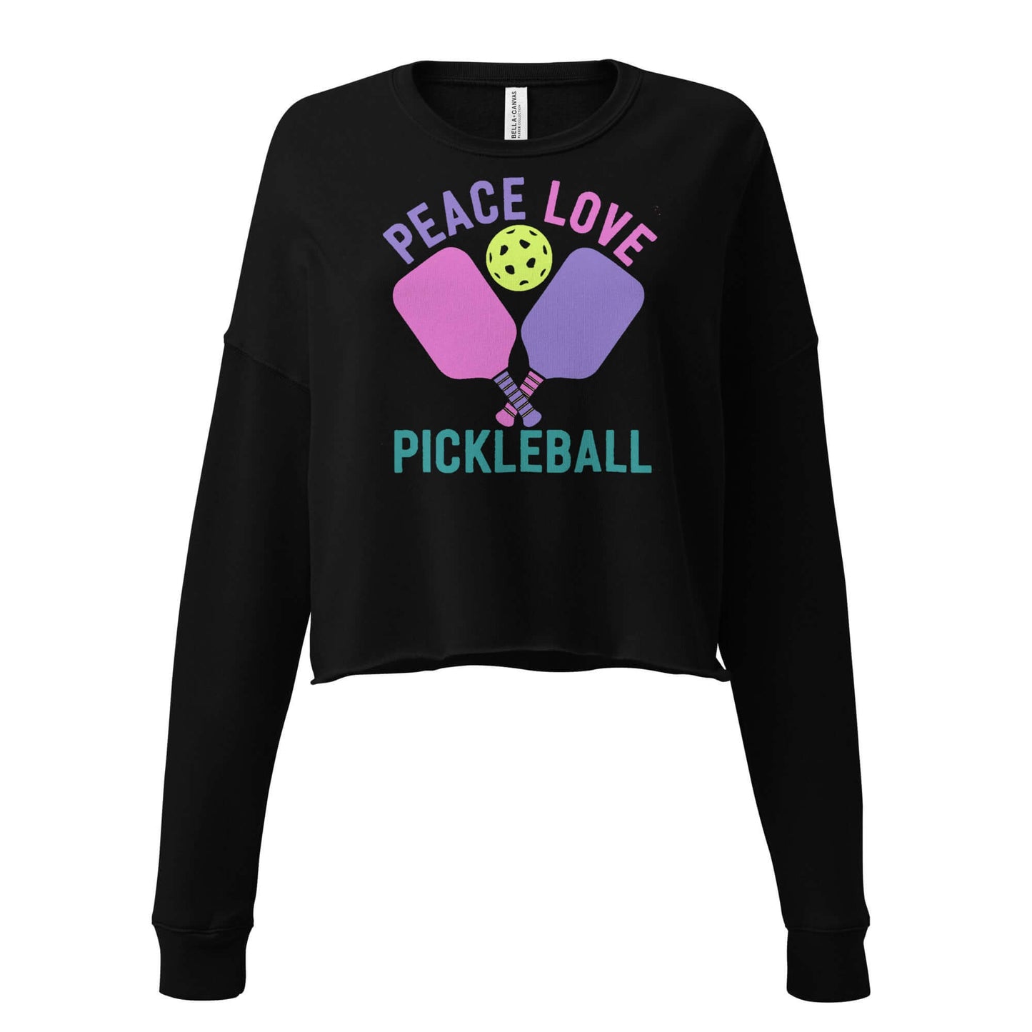 Women's black cropped sweatshirt featuring colorful 'Peace Love Pickleball' graphic with paddles and ball.