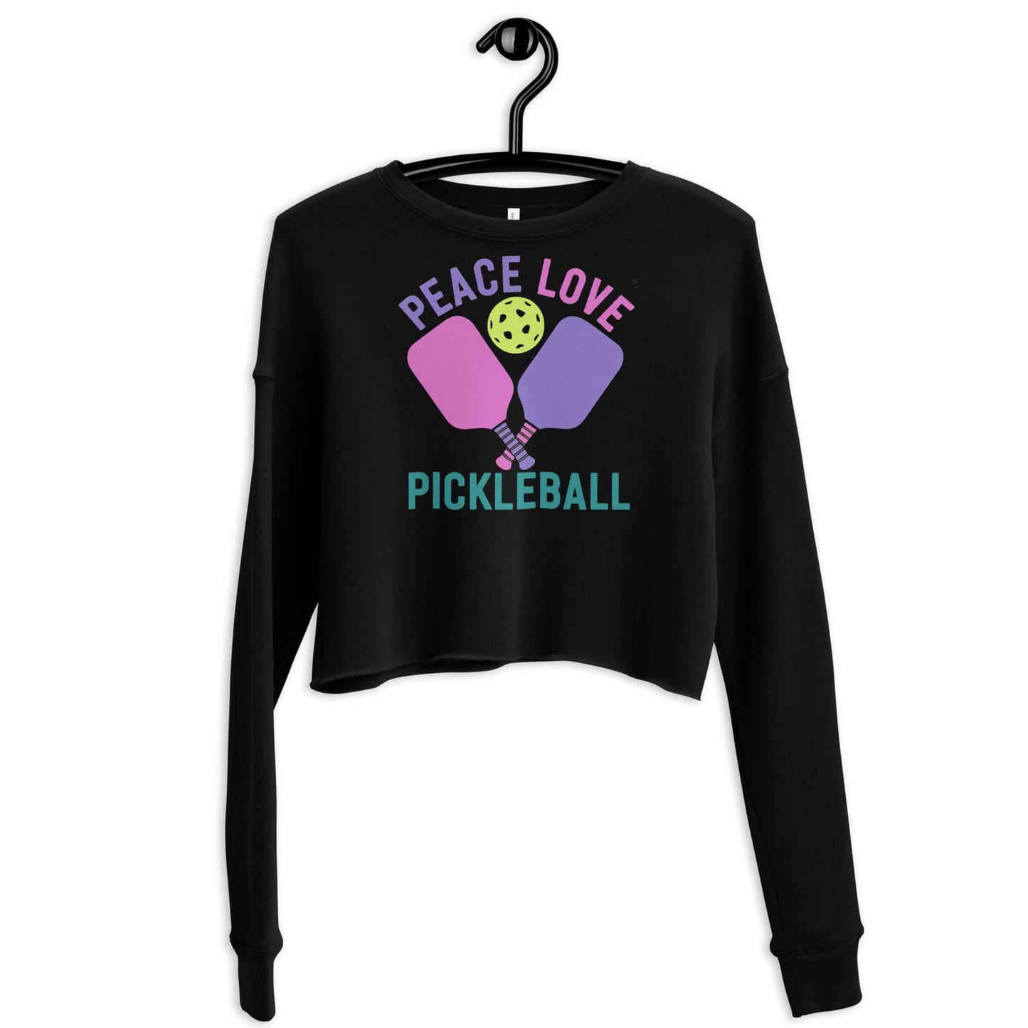 Black crop sweatshirt with 'Peace Love Pickleball' graphic, perfect for stylish pickleball enthusiasts.