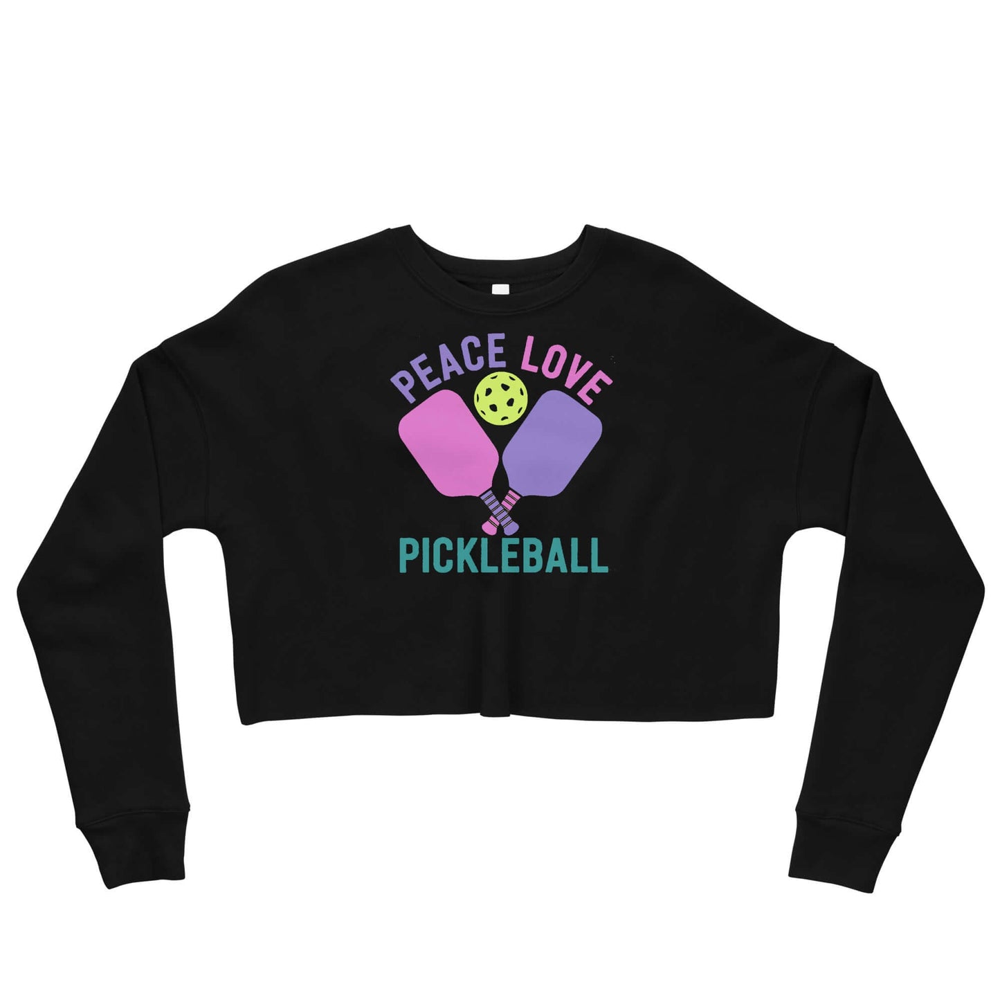 Women's black crop sweatshirt featuring "Peace Love Pickleball" graphic with paddles and ball.