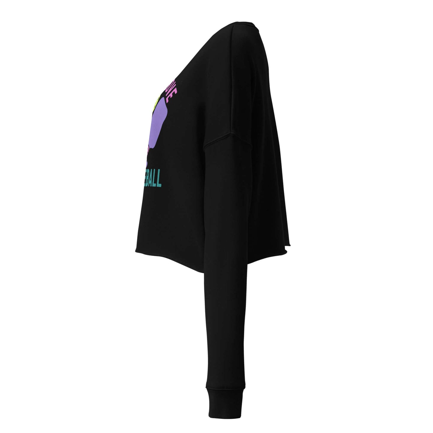 Side view of Women's Peace, Love, Pickleball Crop Sweatshirt in black with colorful graphic design.