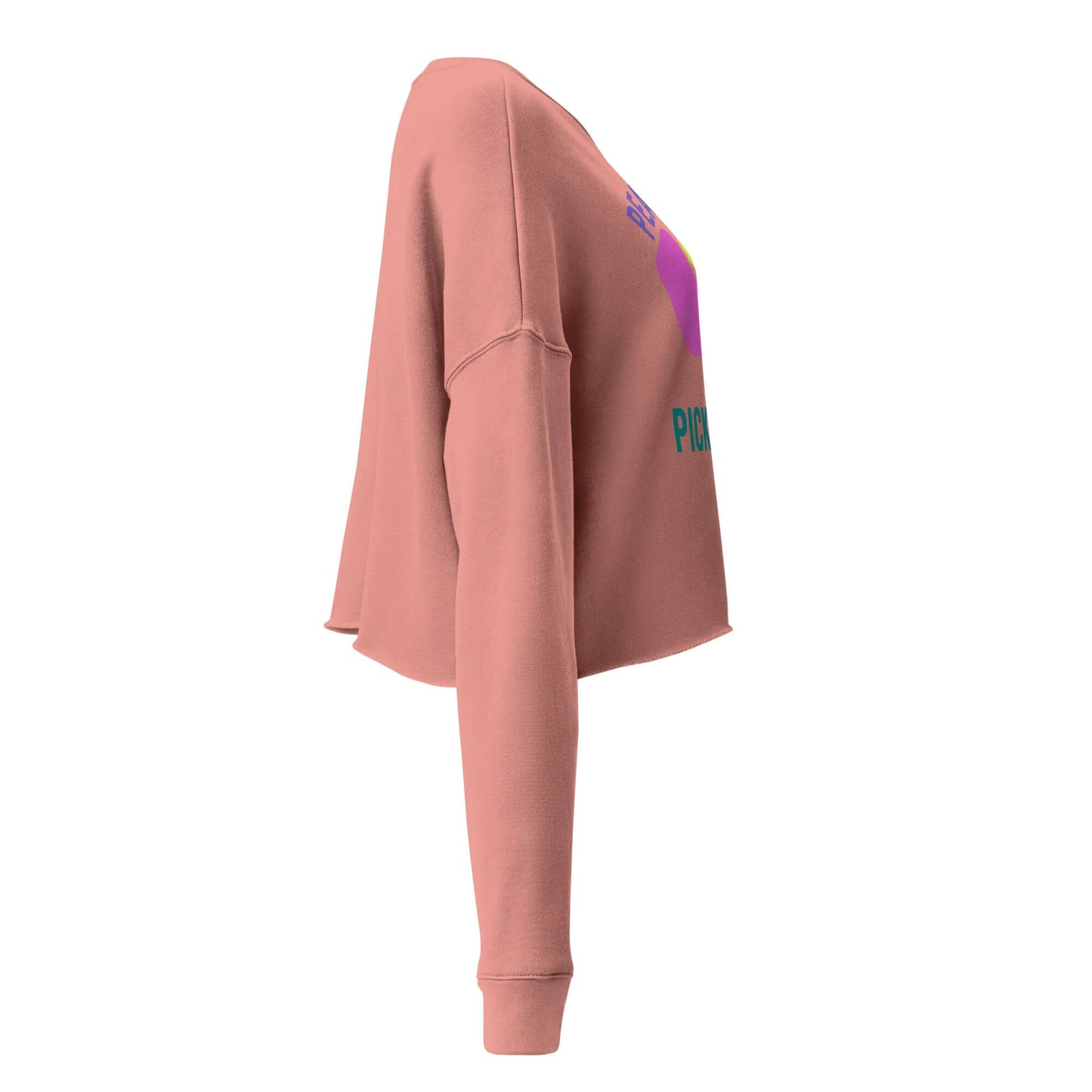Side view of women's pink crop sweatshirt featuring 'Peace, Love, Pickleball' design, perfect for stylish pickleball enthusiasts.