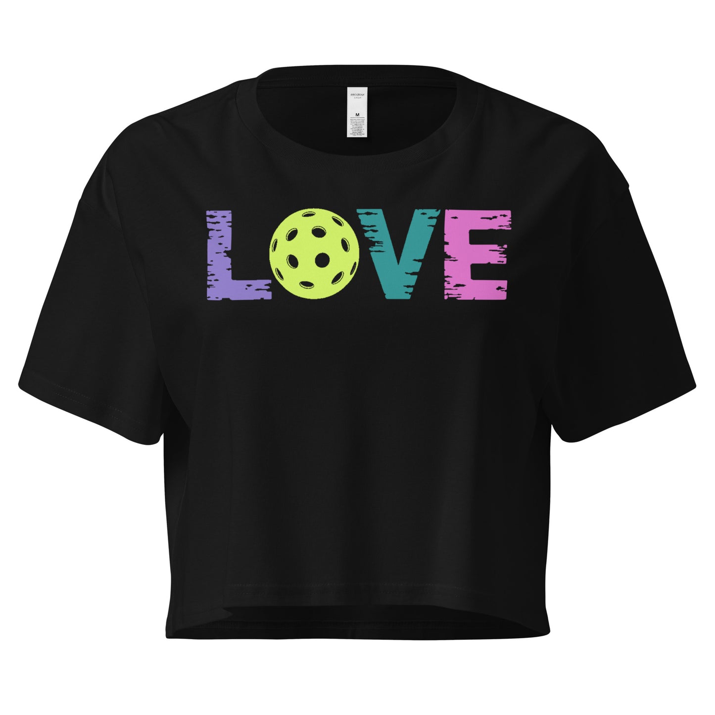 Black crop top with colorful 'LOVE' graphic and pickleball design, perfect for women's activewear.