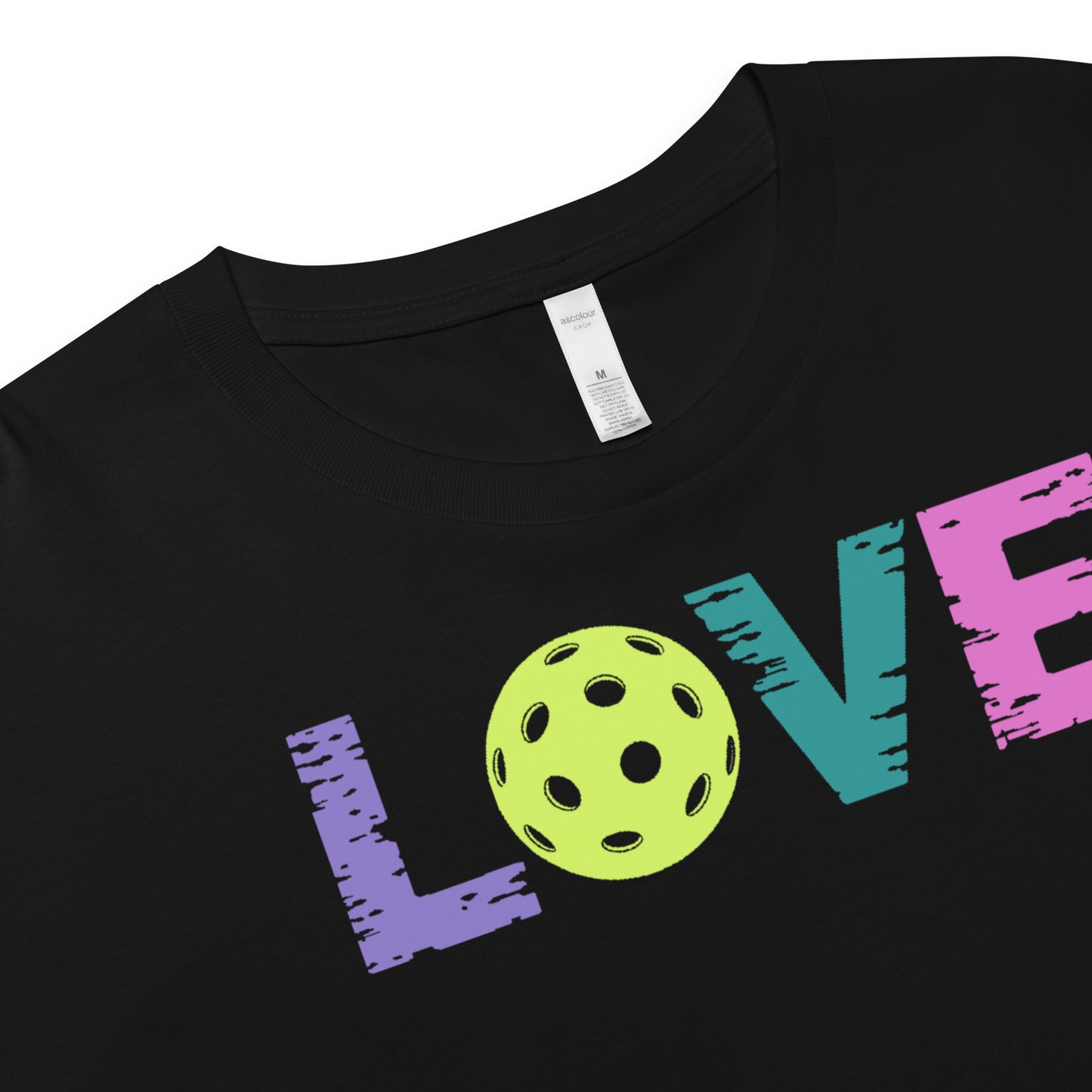 Black crop top featuring colorful 'LOVE' graphic and a pickleball design, ideal for stylish players and fans.