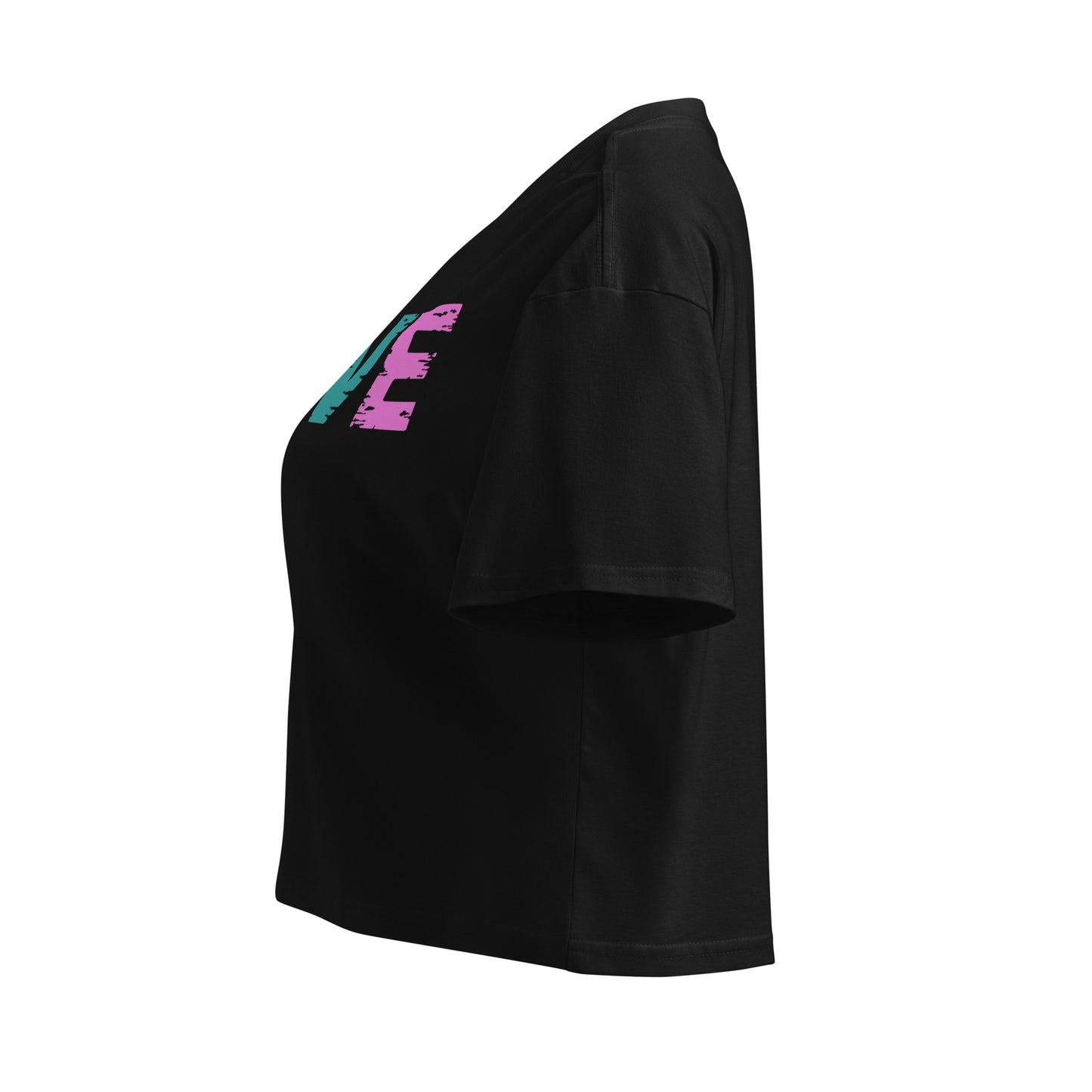 Side view of Women’s LOVE Pickleball Crop Top in black with colorful love graphic design.