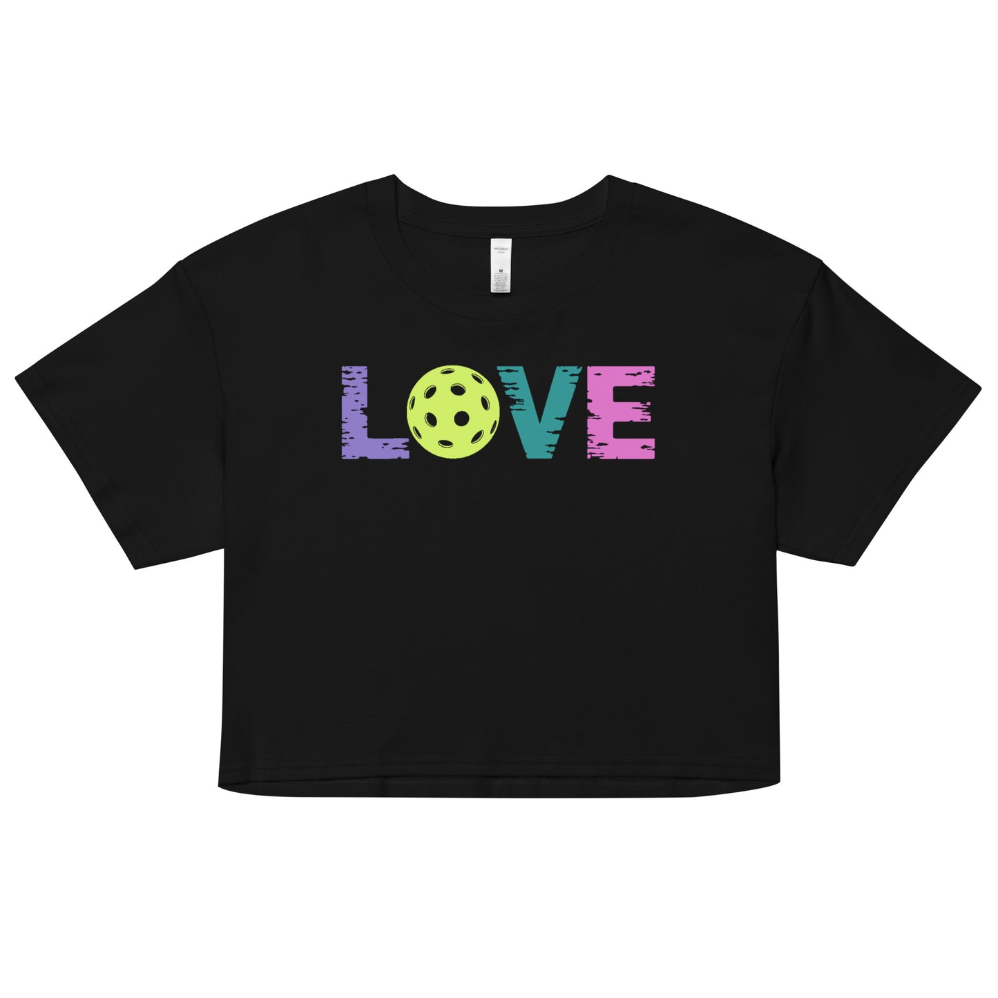 Women’s LOVE Pickleball Crop Top in black with colorful 'LOVE' lettering and a pickleball graphic.