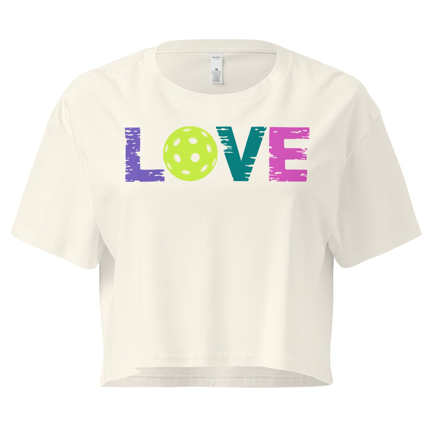Women’s LOVE Pickleball Crop Top featuring colorful 'LOVE' graphic and paddle design.
