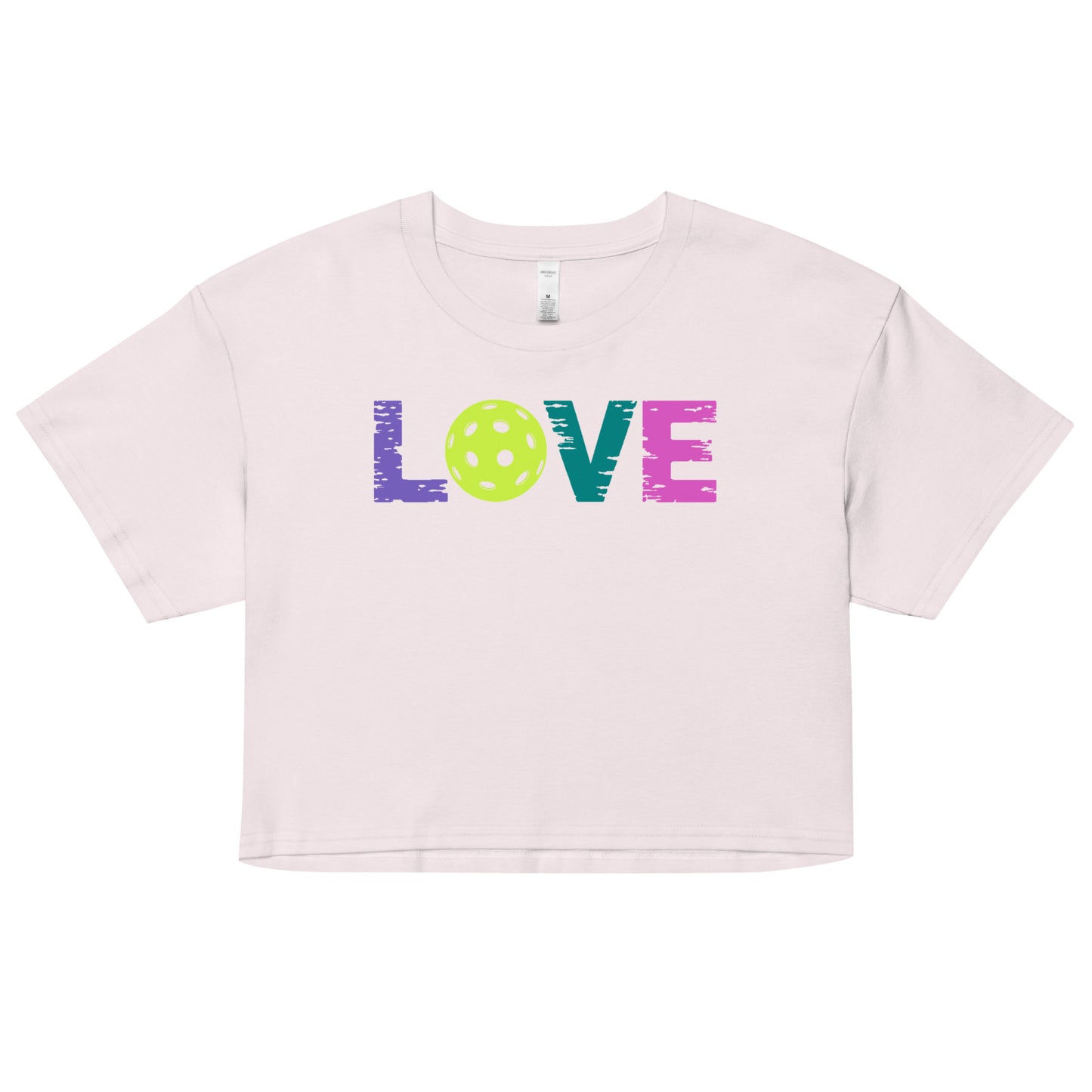 Women’s LOVE Pickleball Crop Top in light color with colorful text and pickleball graphic for stylish courtwear.