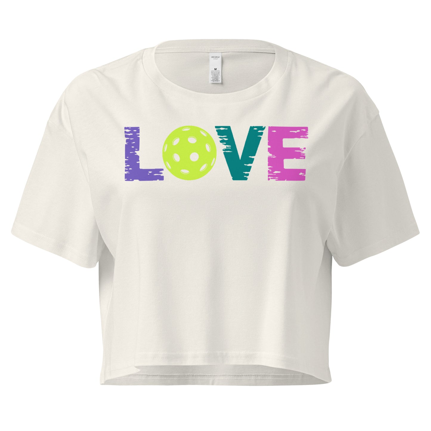 Women’s LOVE Pickleball Crop Top featuring colorful text and a pickleball graphic, stylish and comfortable.