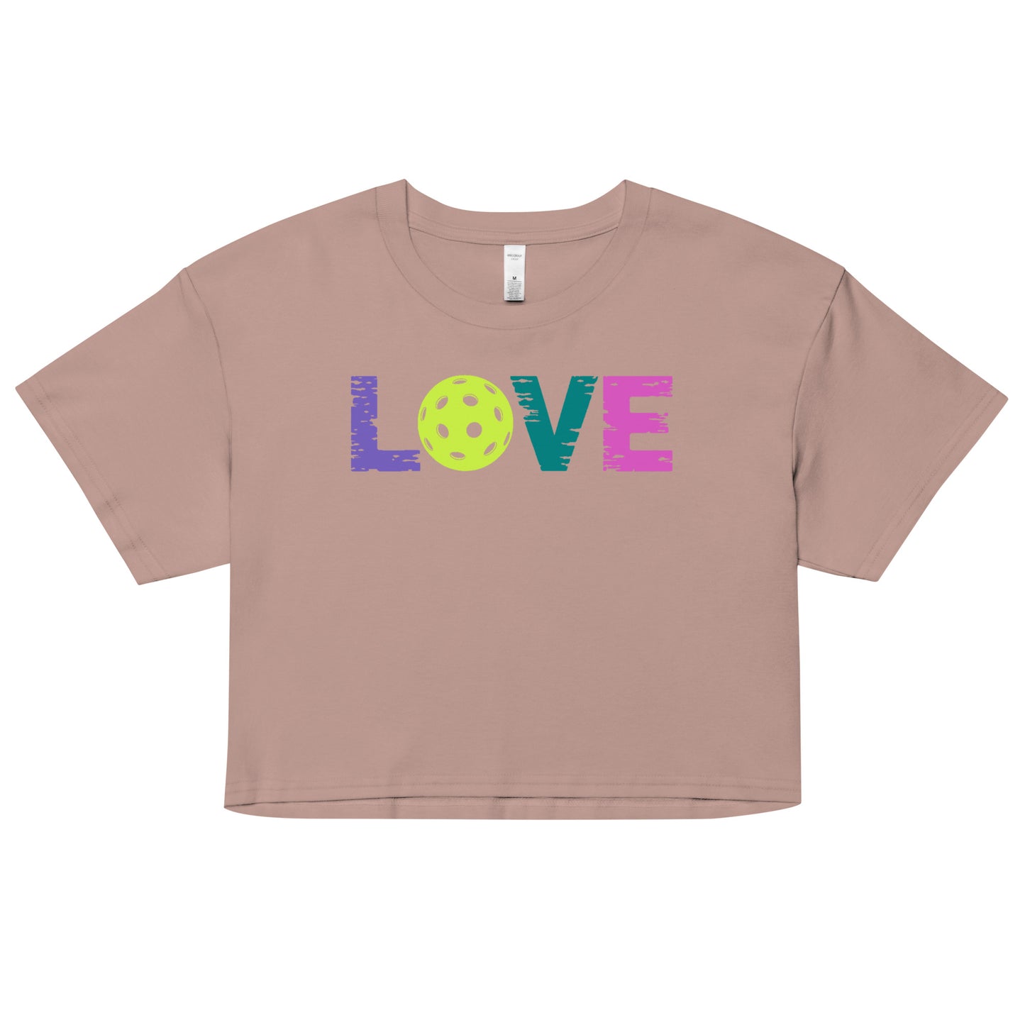Women's LOVE Pickleball Crop Top in soft beige with colorful 'LOVE' text and pickleball graphic.