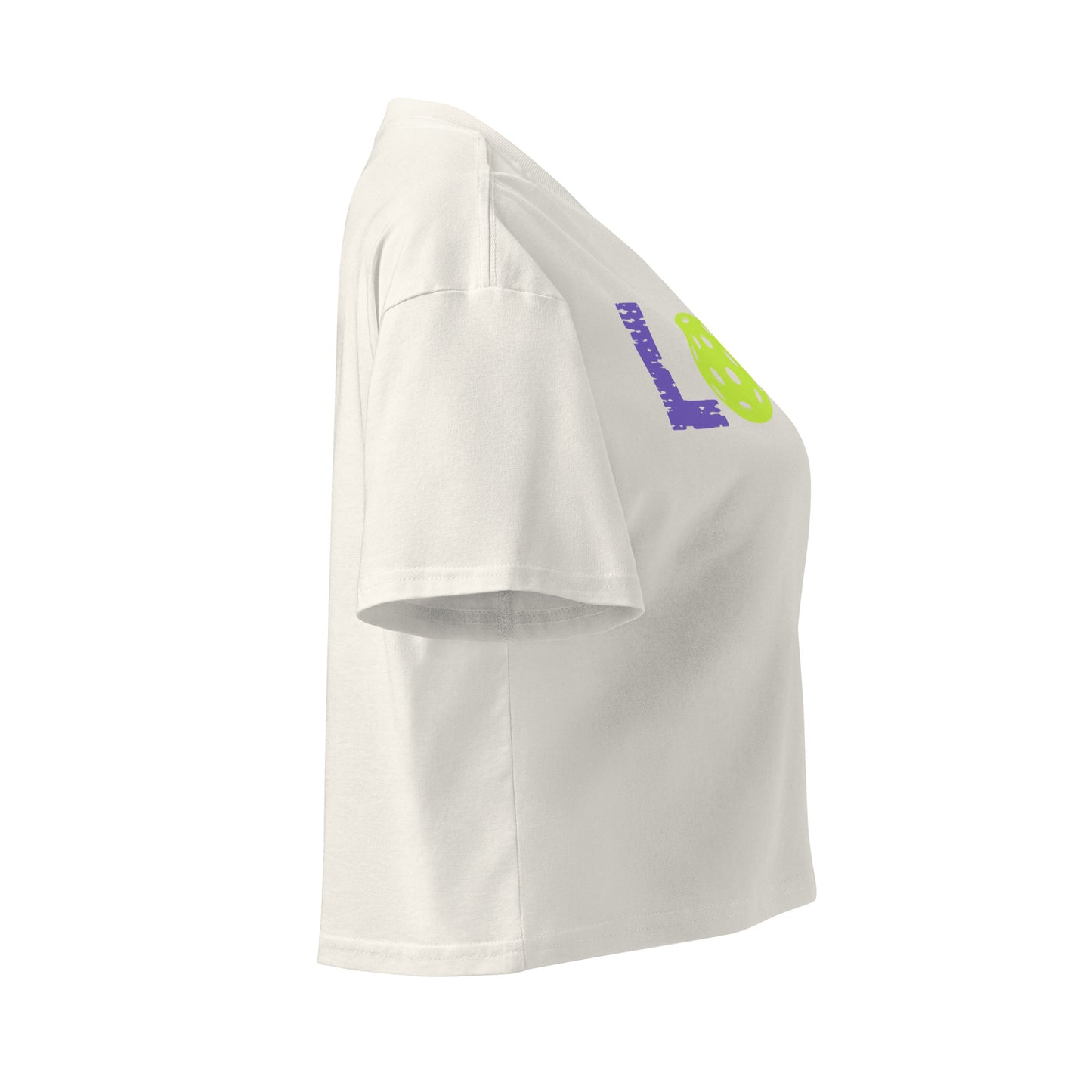 Women’s LOVE Pickleball Crop Top in soft cotton, showcasing side view design with vibrant logo.