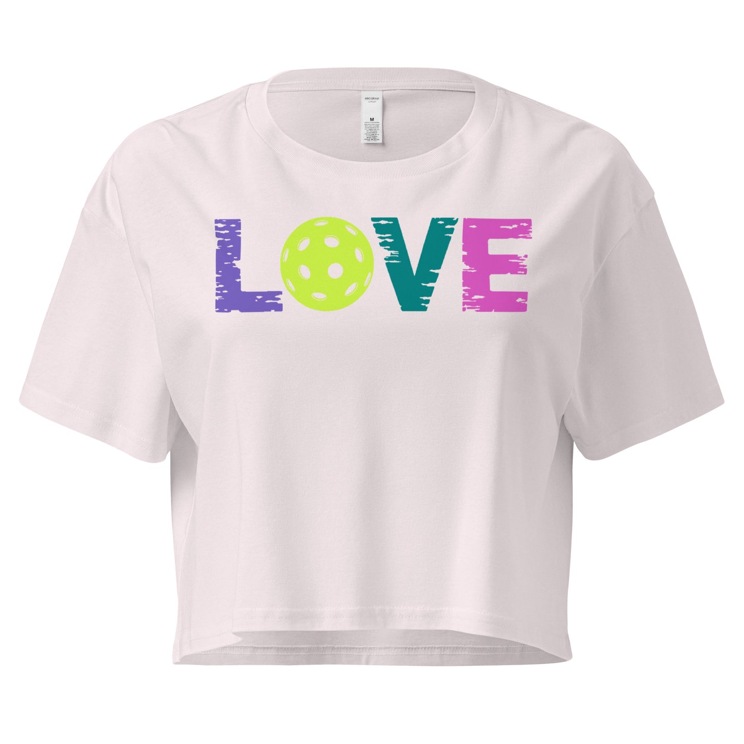 Women’s LOVE Pickleball Crop Top featuring colorful graphic design with pickleball and chic cropped style.