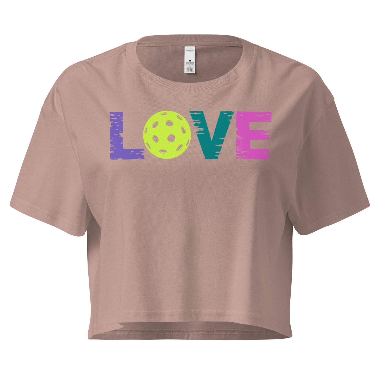 Women’s LOVE Pickleball Crop Top in soft beige with colorful LOVE text and a pickleball graphic.