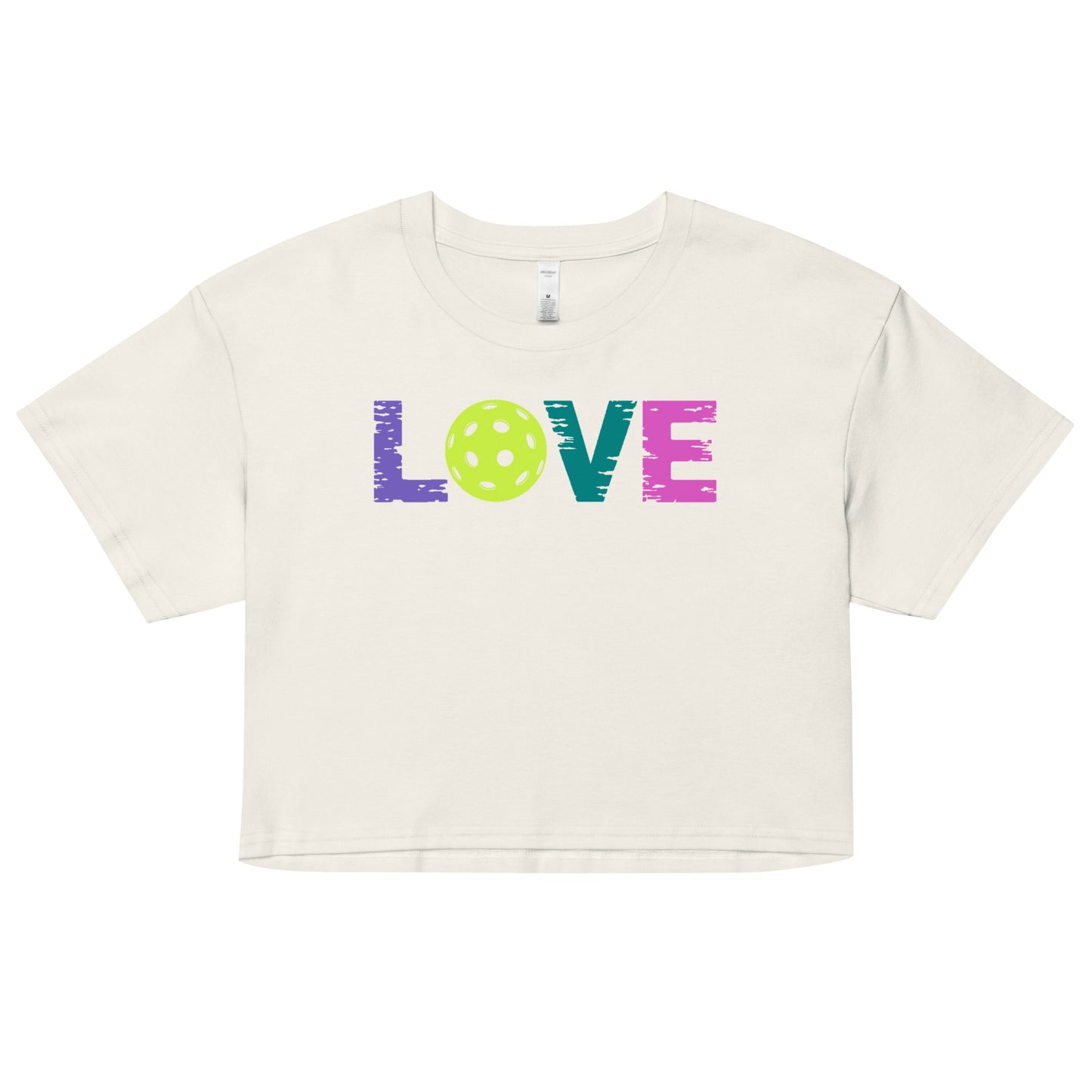 Women’s LOVE Pickleball Crop Top featuring colorful text and a pickleball graphic, perfect for sporty style.