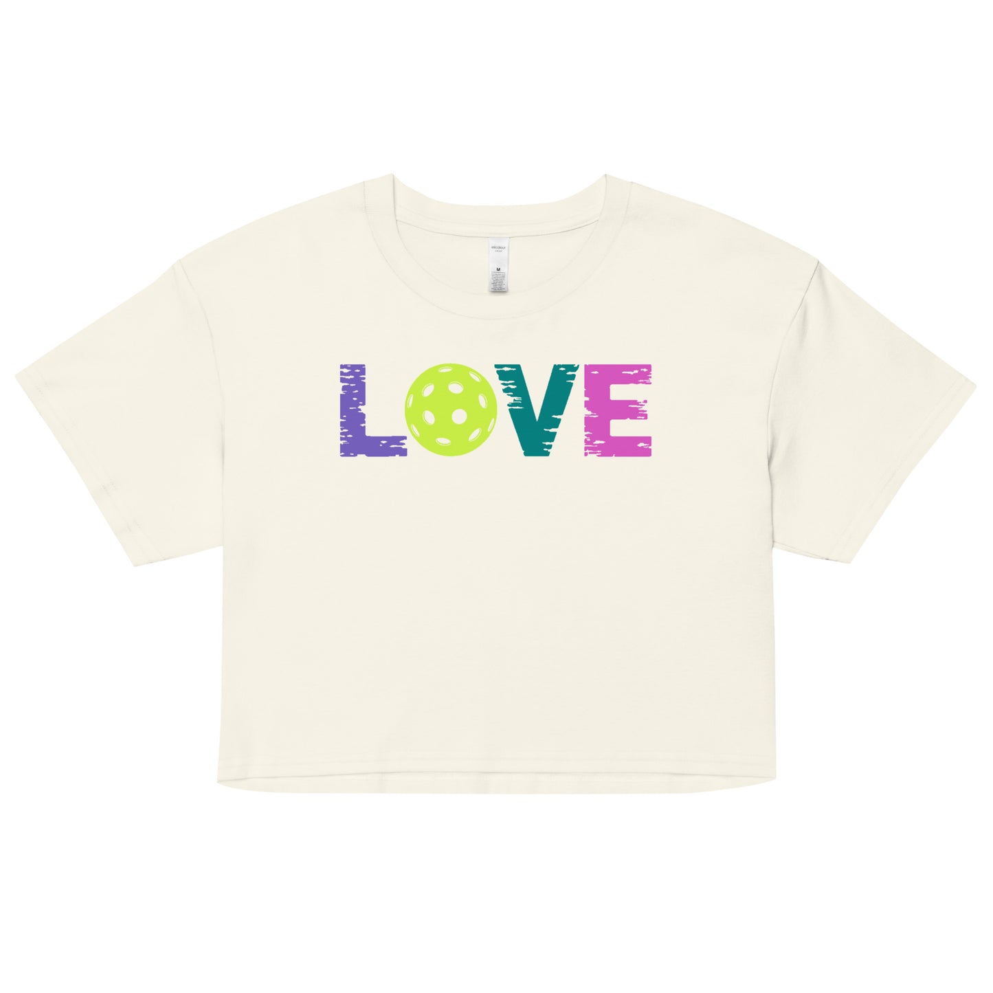 Women's LOVE Pickleball Crop Top in cream color featuring bright LOVE text and pickleball graphic.
