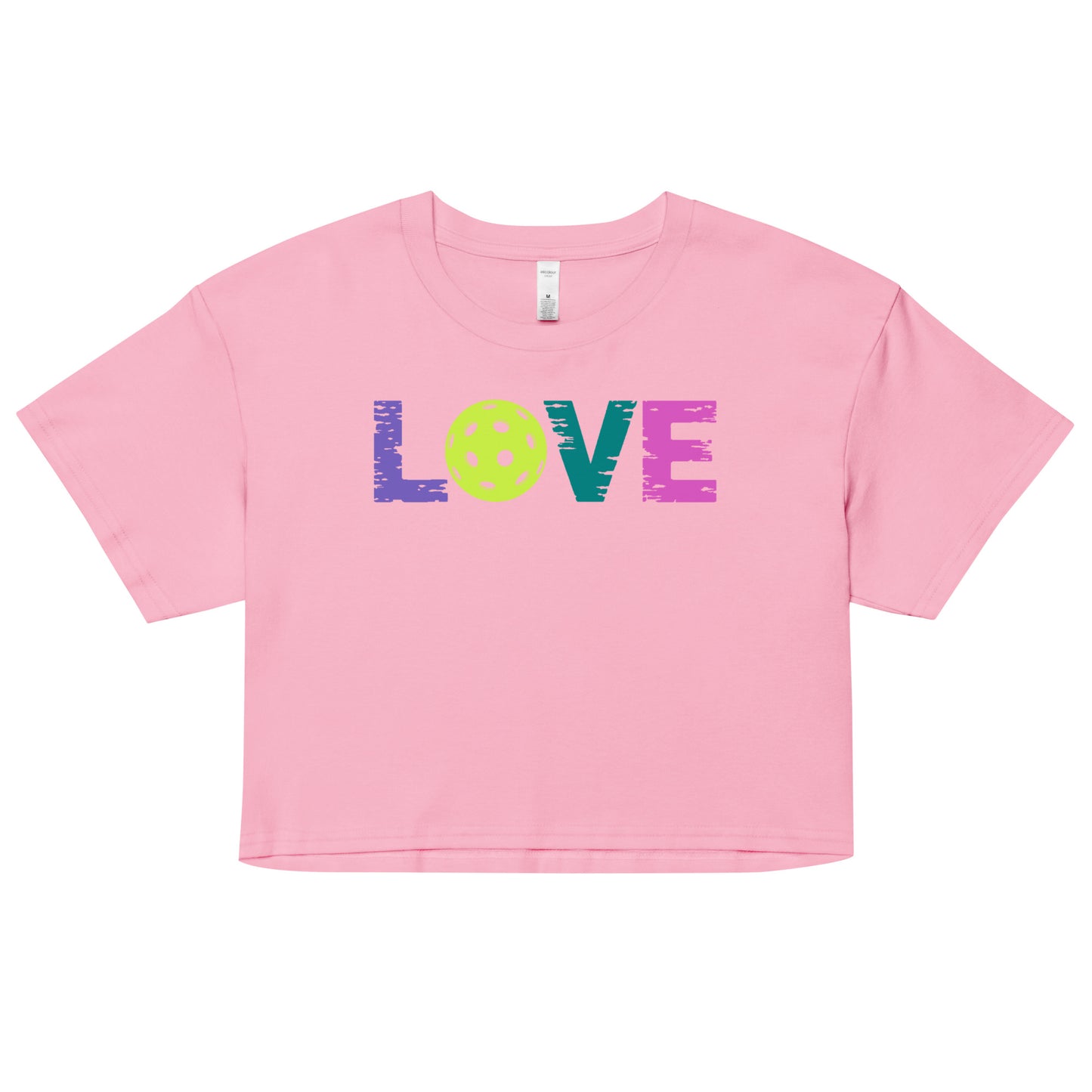 Women’s pink LOVE pickleball crop top featuring vibrant letters and a pickleball graphic.