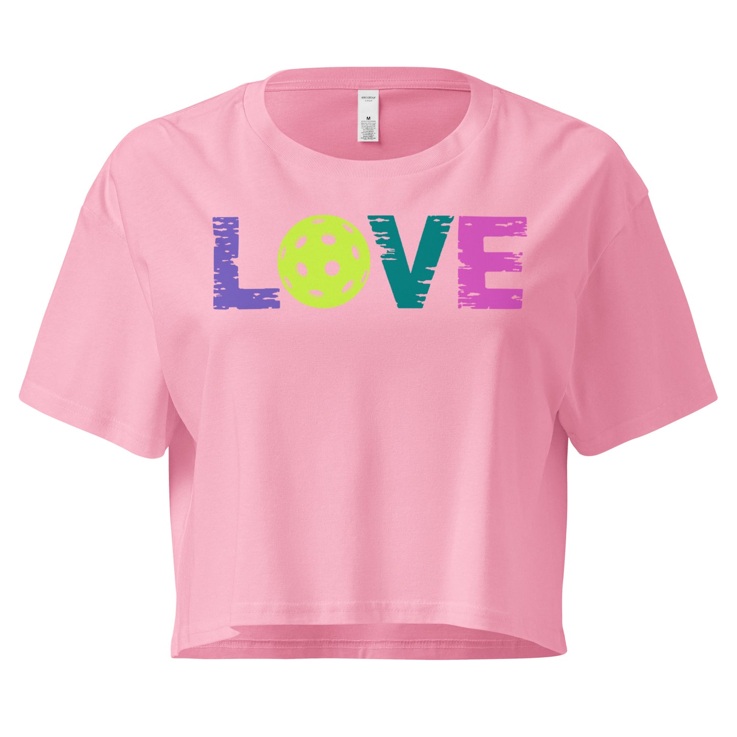 Women’s LOVE Pickleball Crop Top in pink with colorful text design, perfect for casual wear and pickleball enthusiasts.
