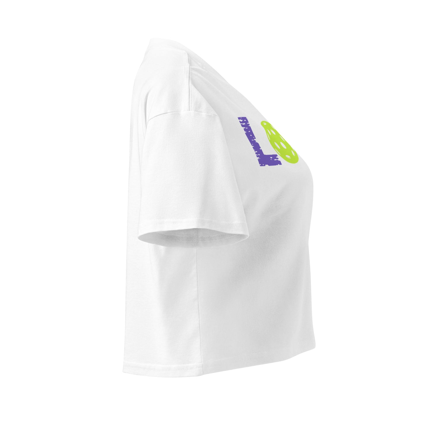 Side view of Women’s LOVE Pickleball Crop Top in white, featuring vibrant print and soft cotton fabric.